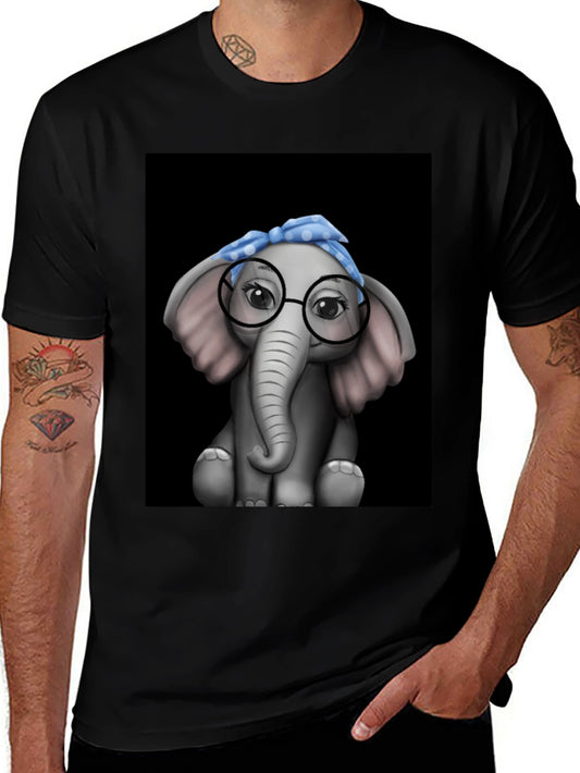 Elephant with Glasses Graphic Tee - Black T-Shirt
