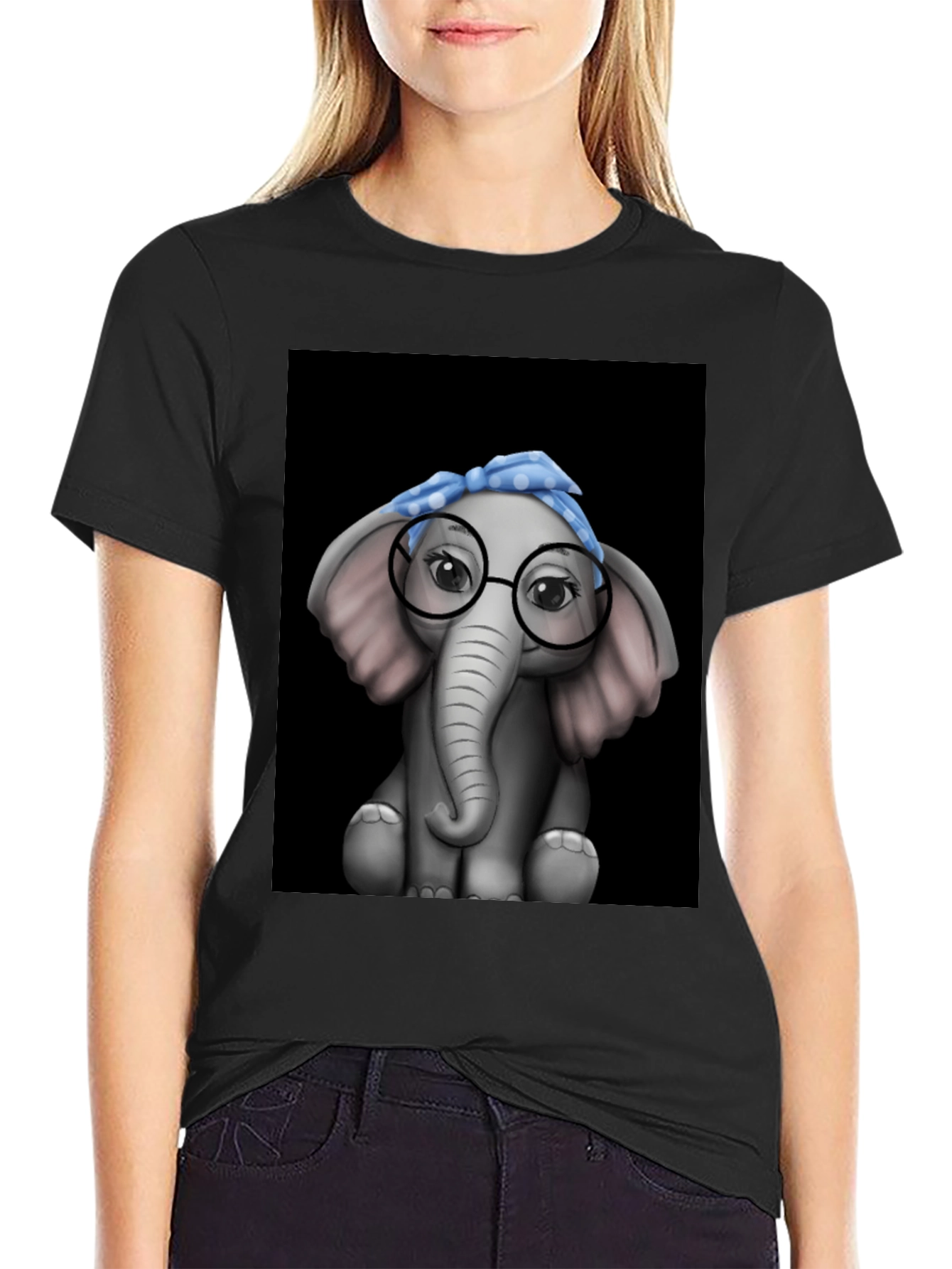 Elephant with Glasses Graphic Tee - Black T-Shirt