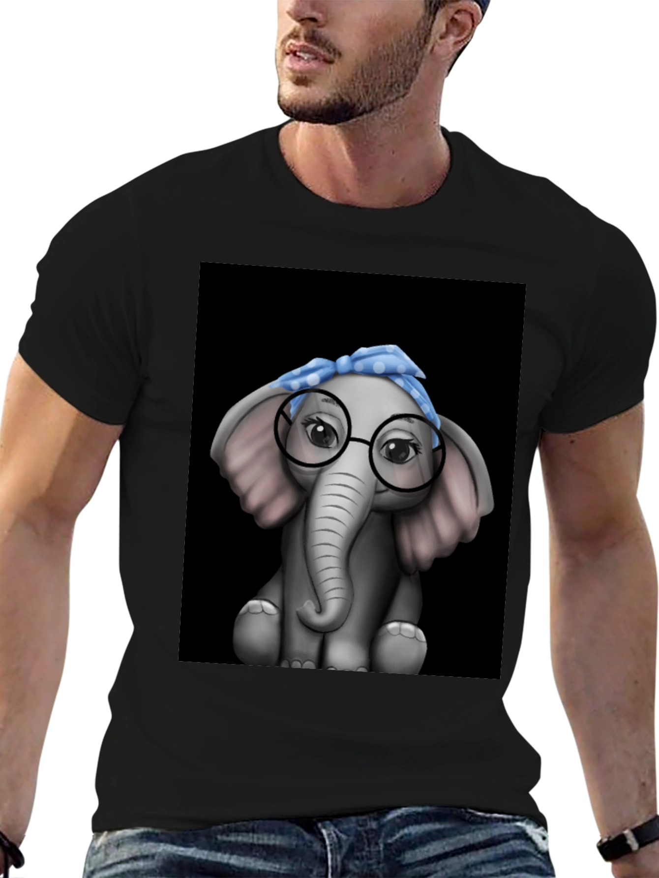 Elephant with Glasses Graphic Tee - Black T-Shirt