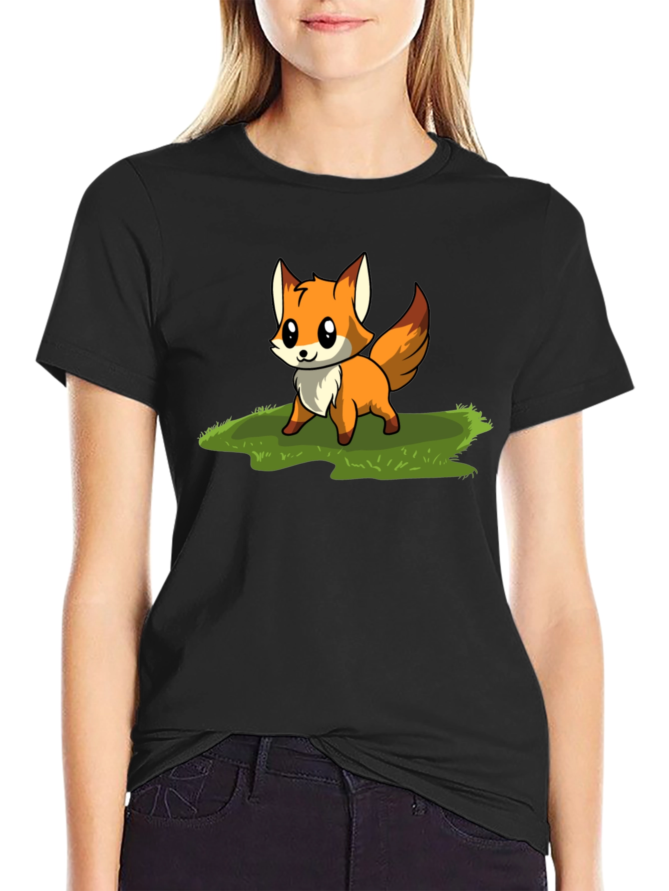 Cute Fox Cartoon Graphic T-Shirt - Black