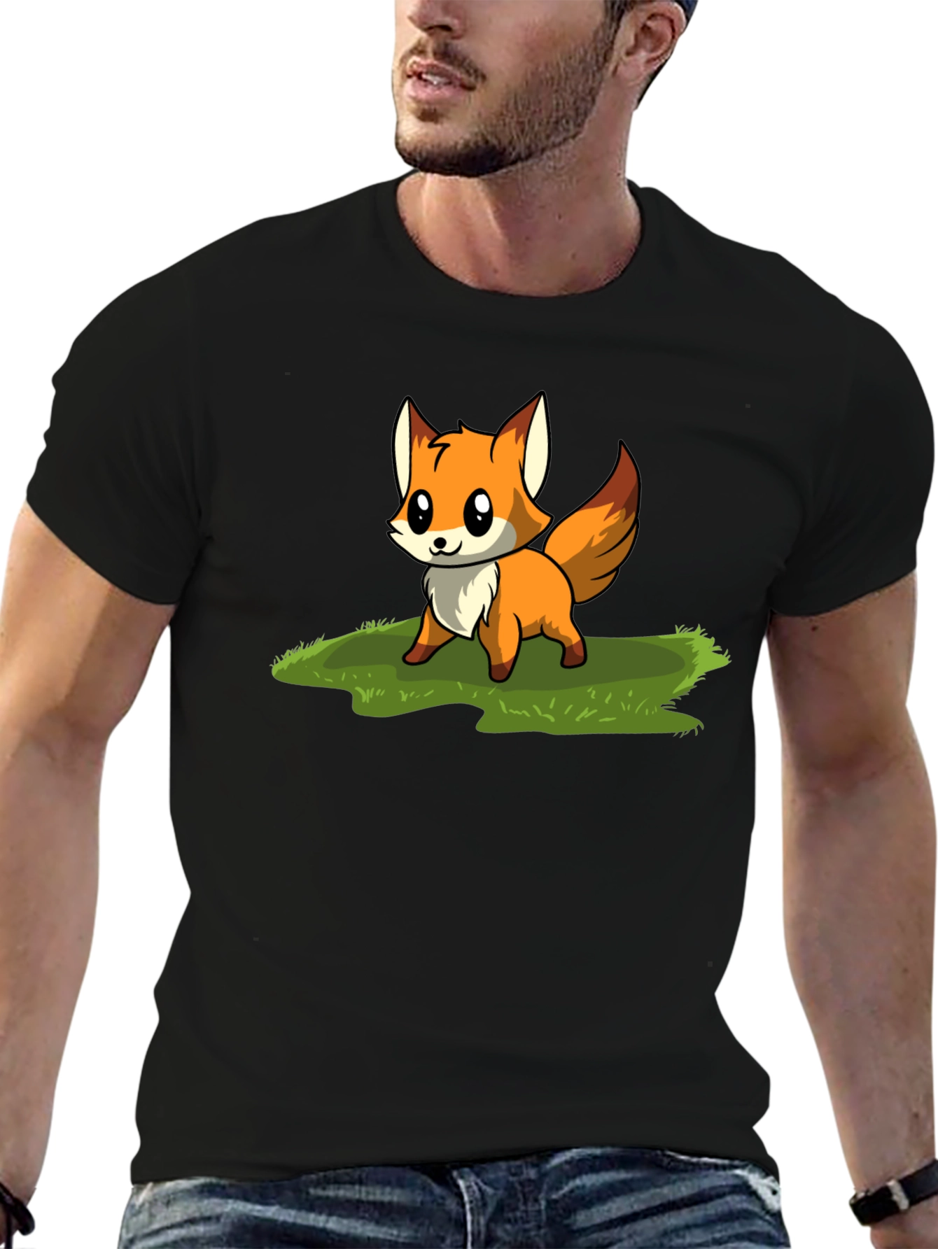 Cute Fox Cartoon Graphic T-Shirt - Black