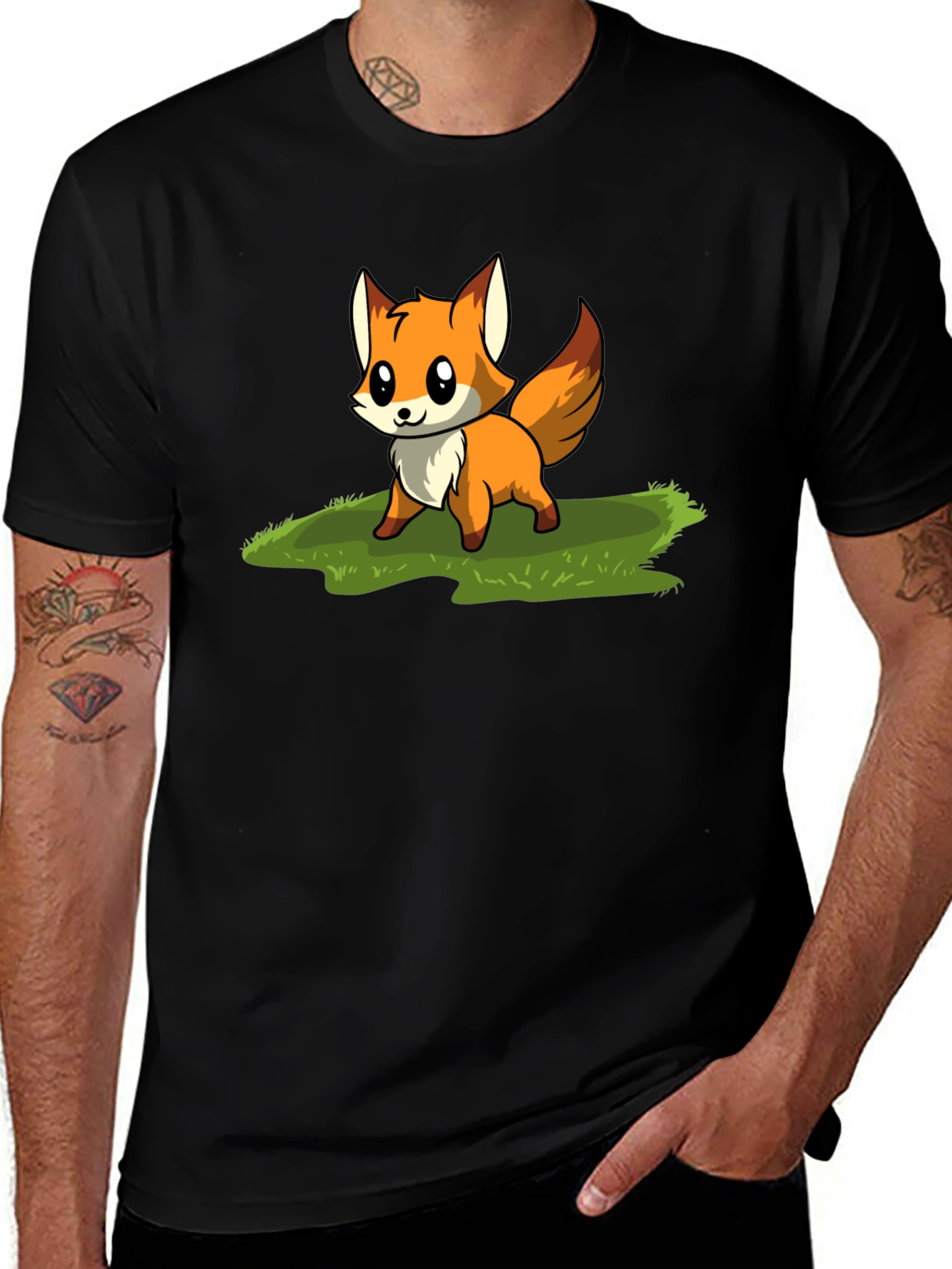 Cute Fox Cartoon Graphic T-Shirt - Black