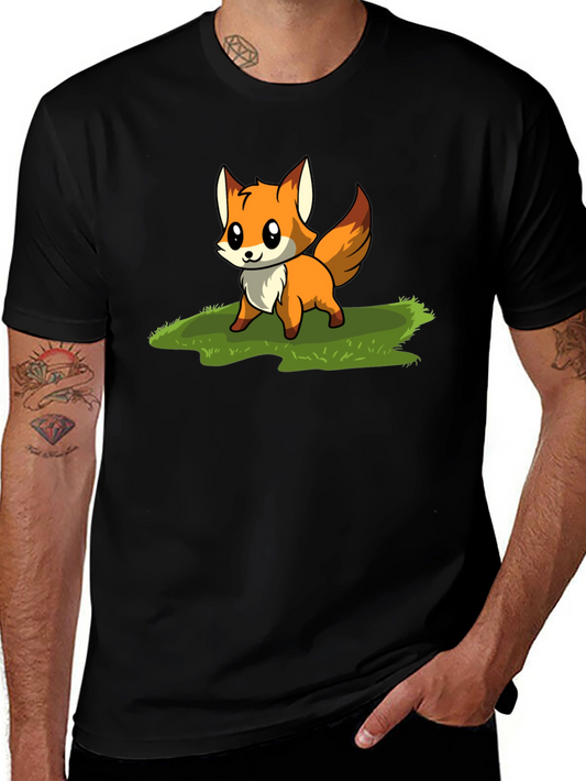 Cute Fox Cartoon Graphic T-Shirt - Black