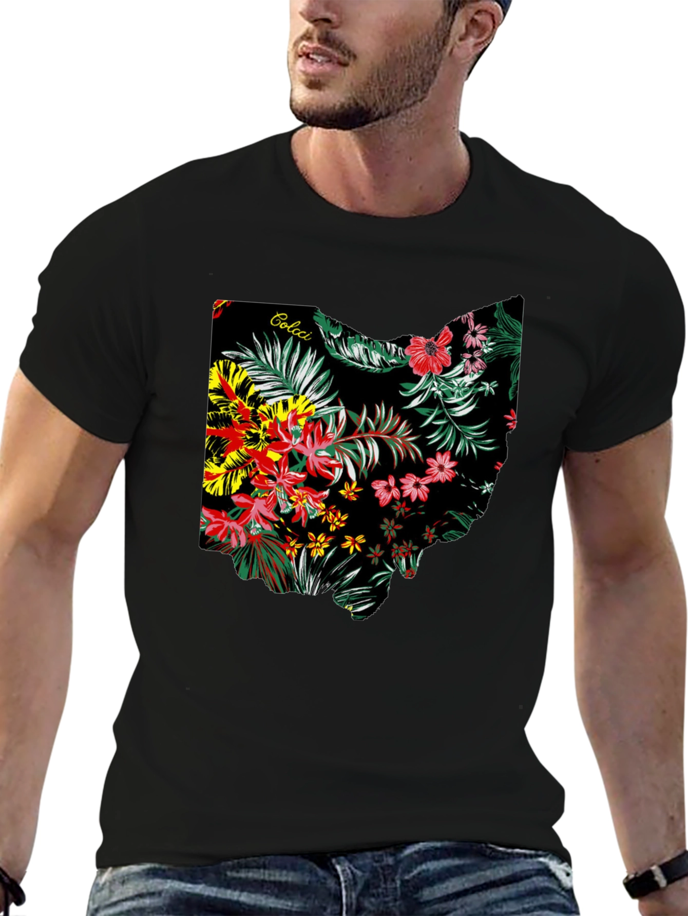 Floral Ohio State Map Mens Black T-Shirt