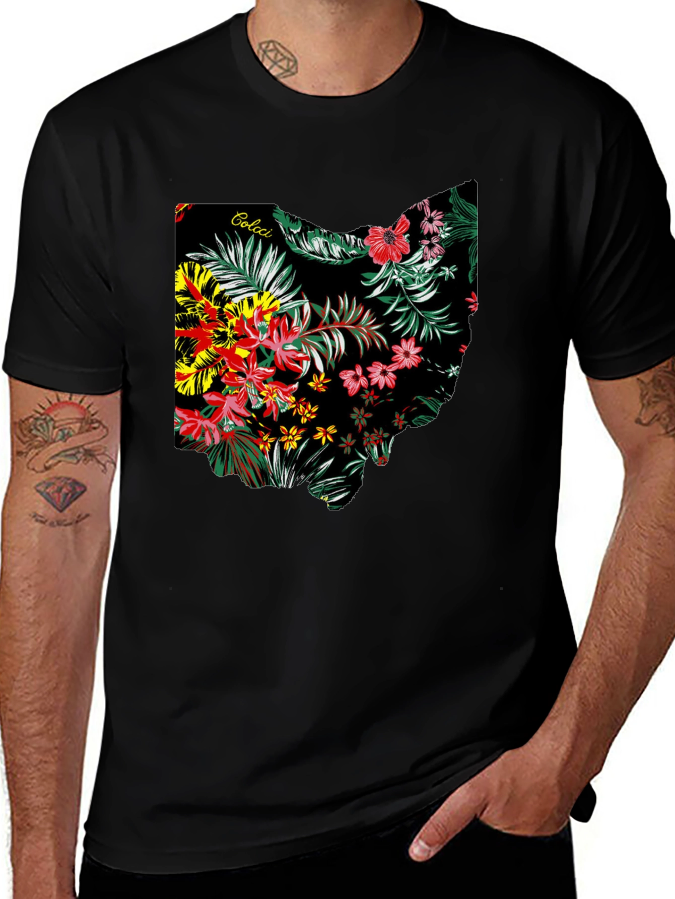 Floral Ohio State Map Mens Black T-Shirt