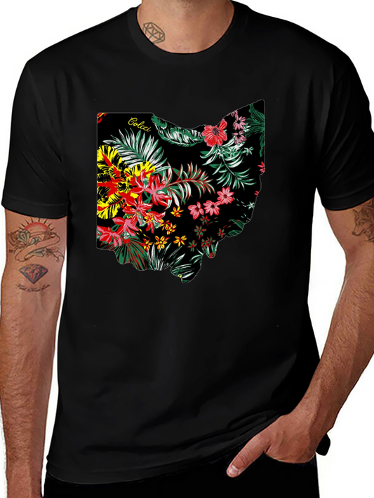 Floral Ohio State Map Mens Black T-Shirt