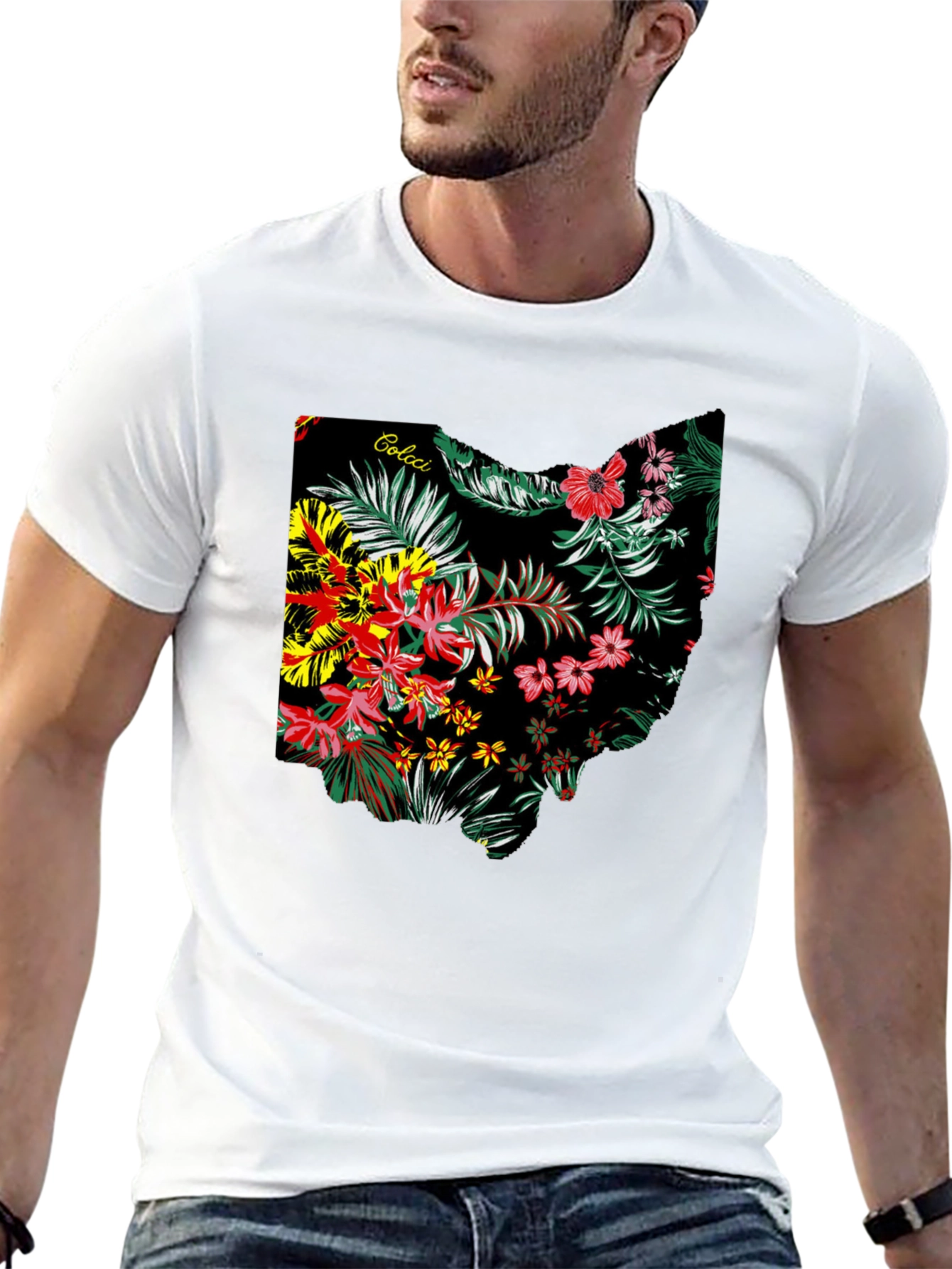Floral Ohio State Map Mens Black T-Shirt