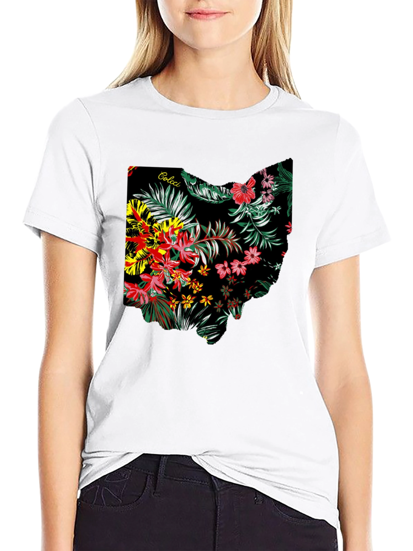 Floral Ohio State Map Mens Black T-Shirt