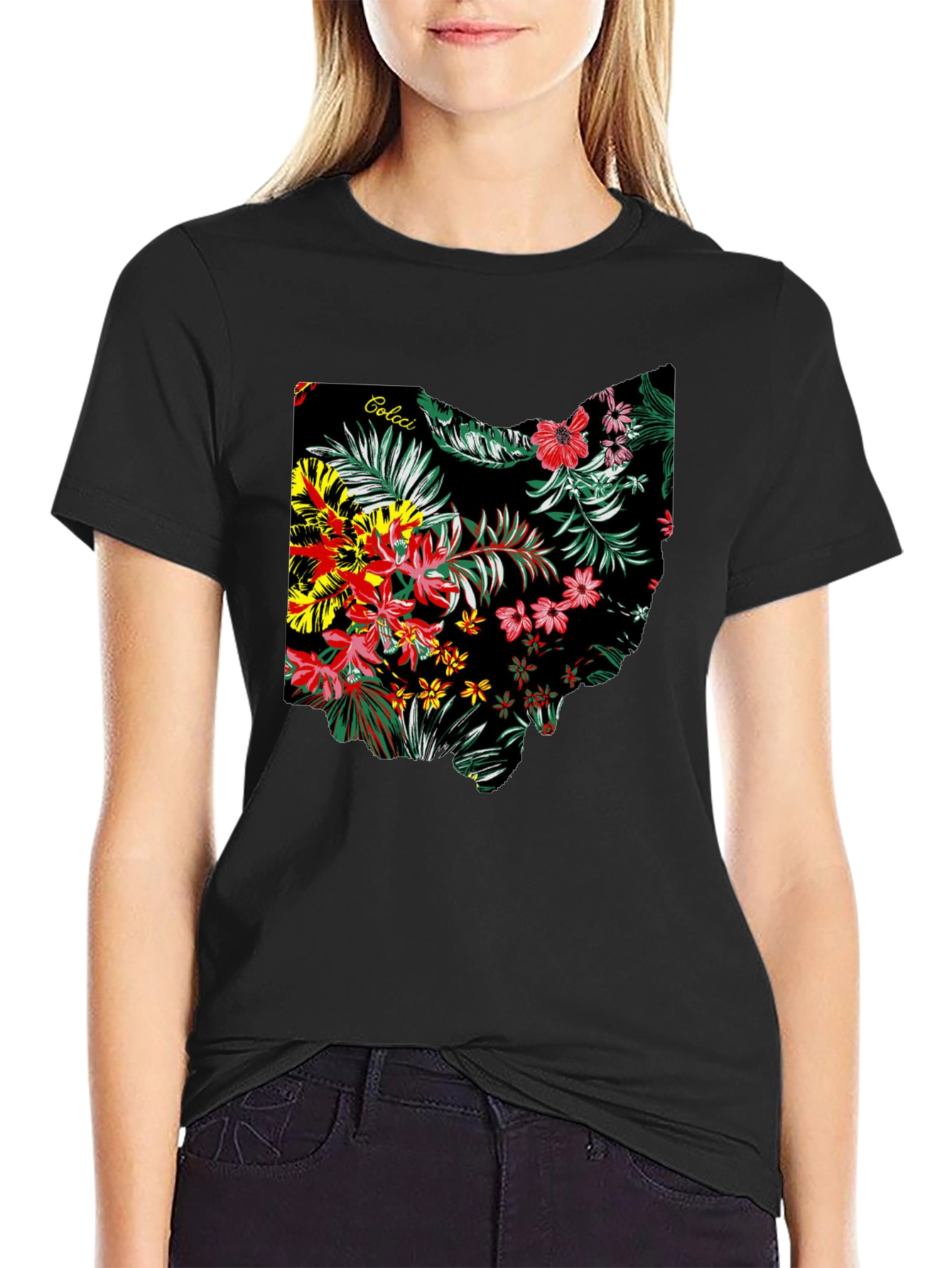 Floral Ohio State Map Mens Black T-Shirt