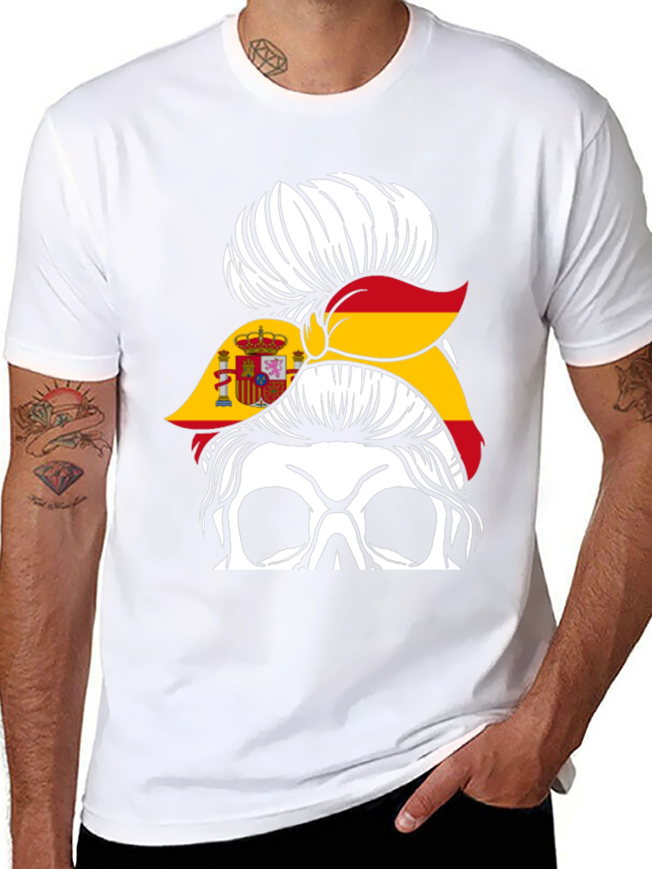 Spain Flag Skull Messy Bun T-Shirt