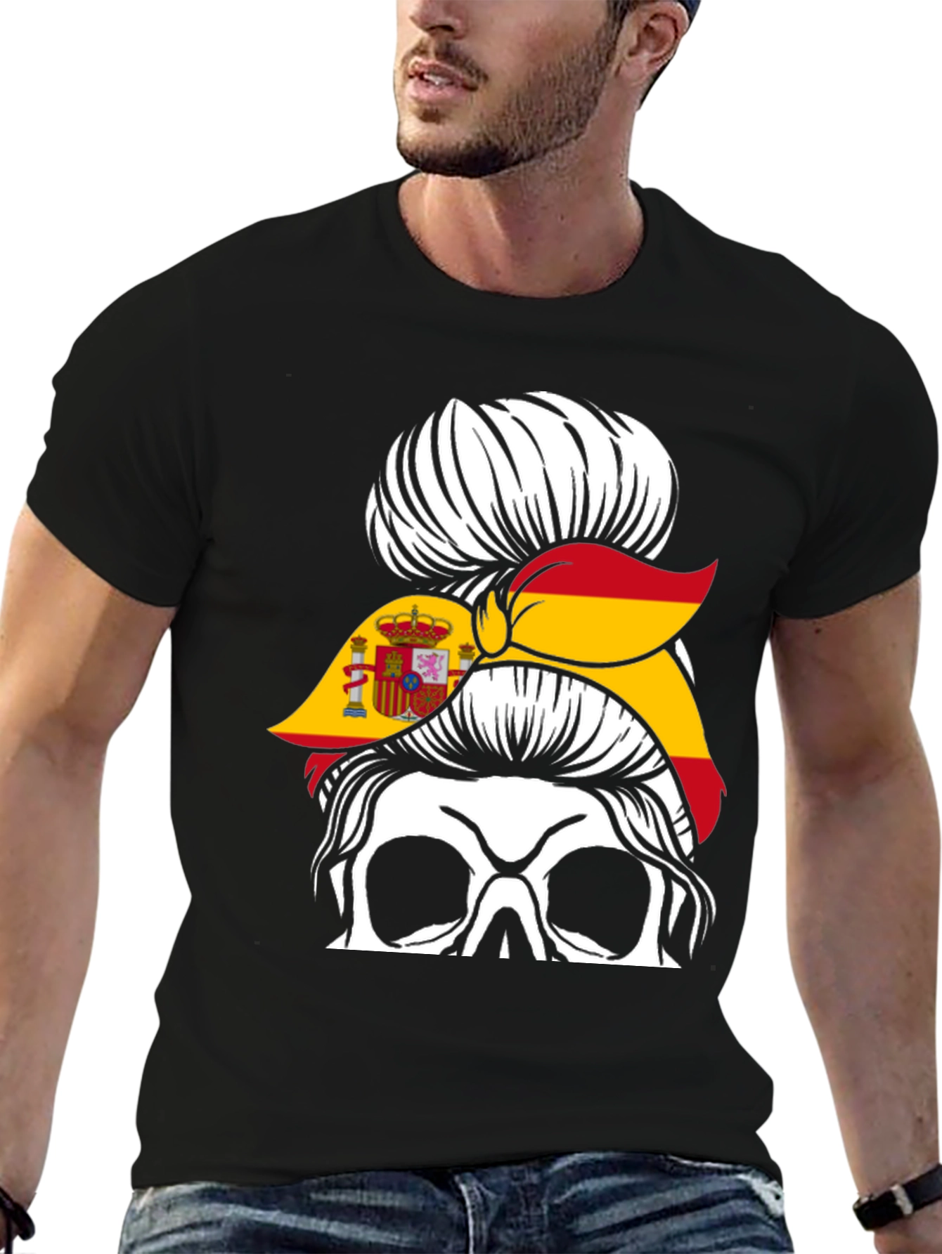 Spain Flag Skull Messy Bun T-Shirt