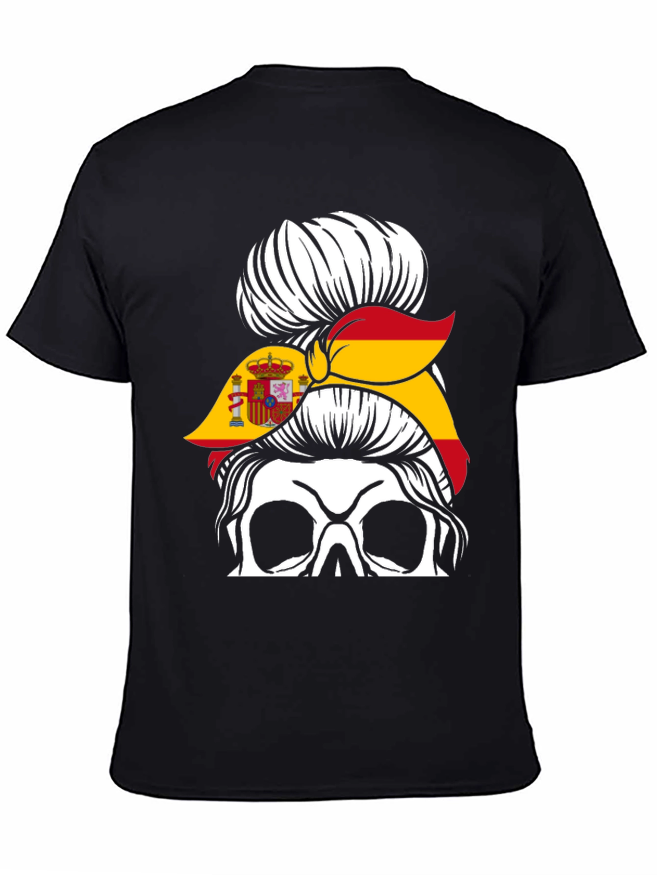 Spain Flag Skull Messy Bun T-Shirt