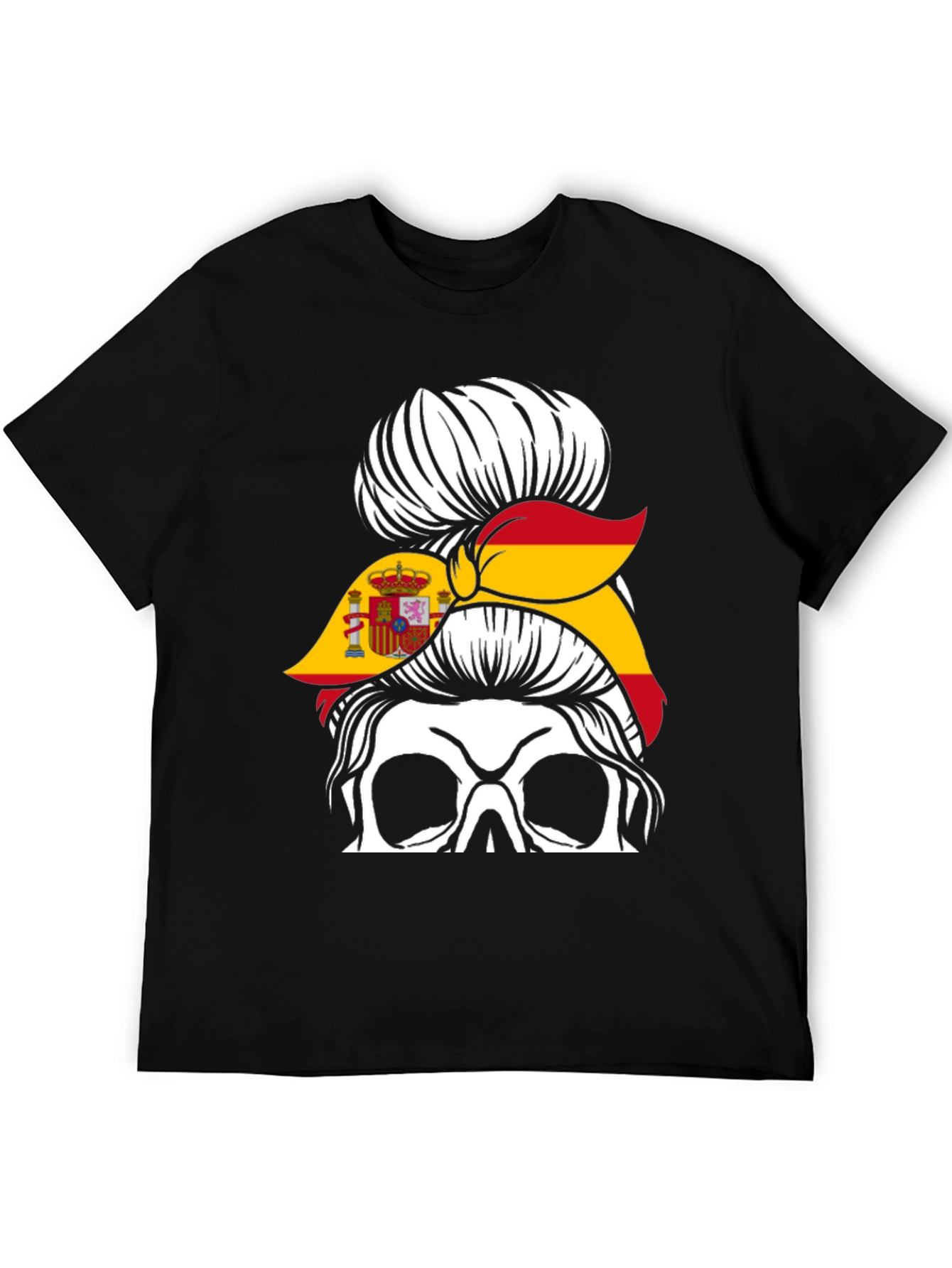 Spain Flag Skull Messy Bun T-Shirt