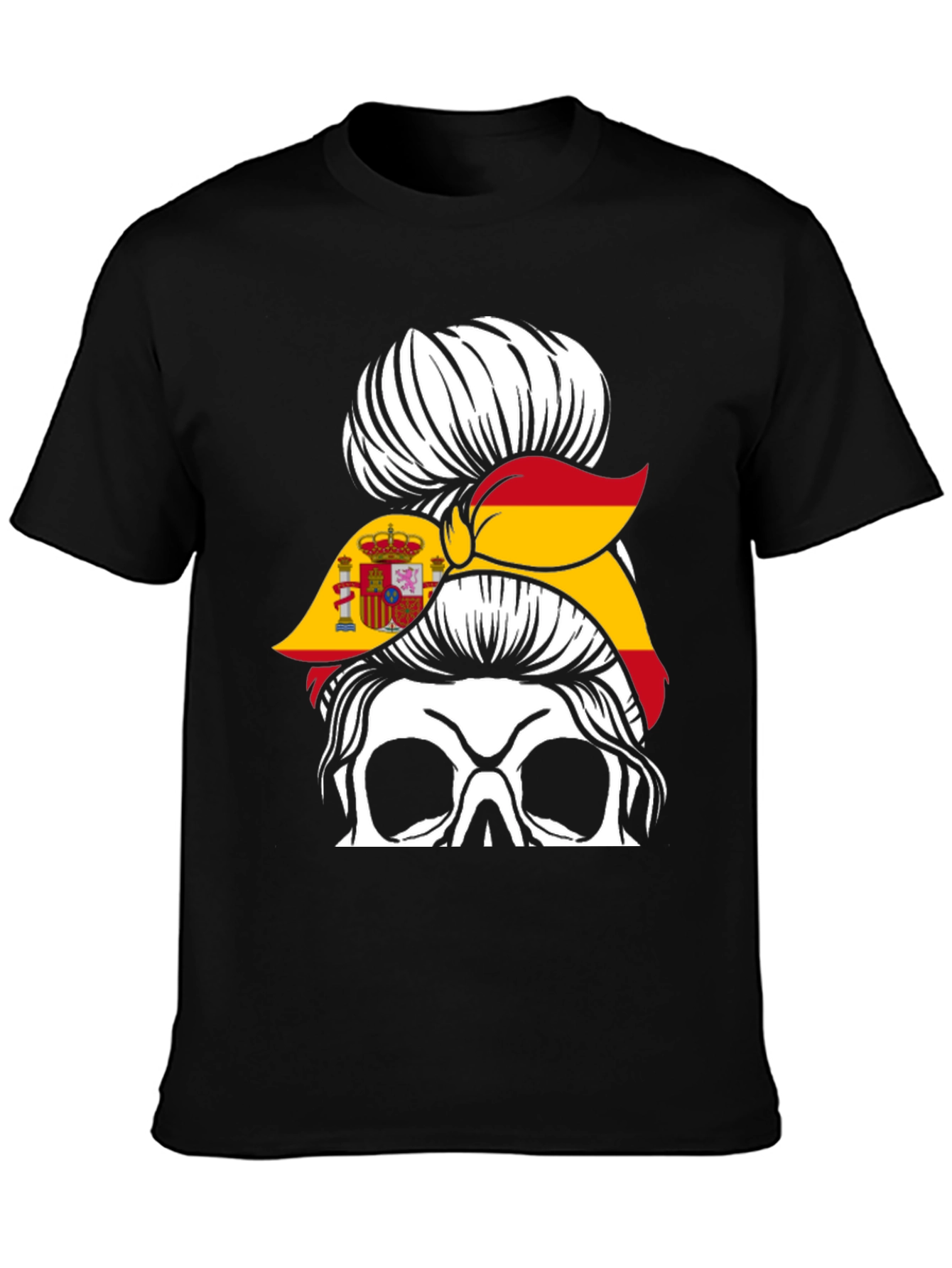 Spain Flag Skull Messy Bun T-Shirt