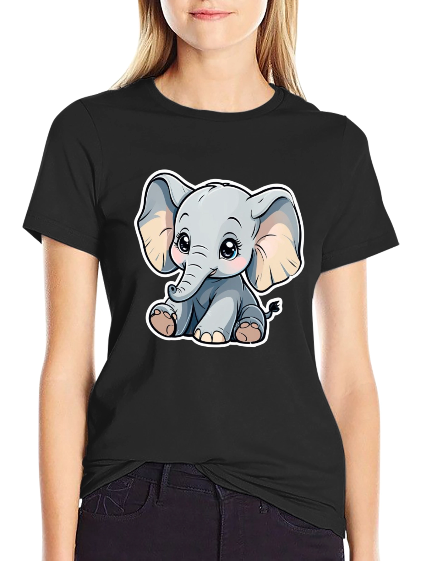 Cute Elephant Graphic Tee - Black Cotton Shirt