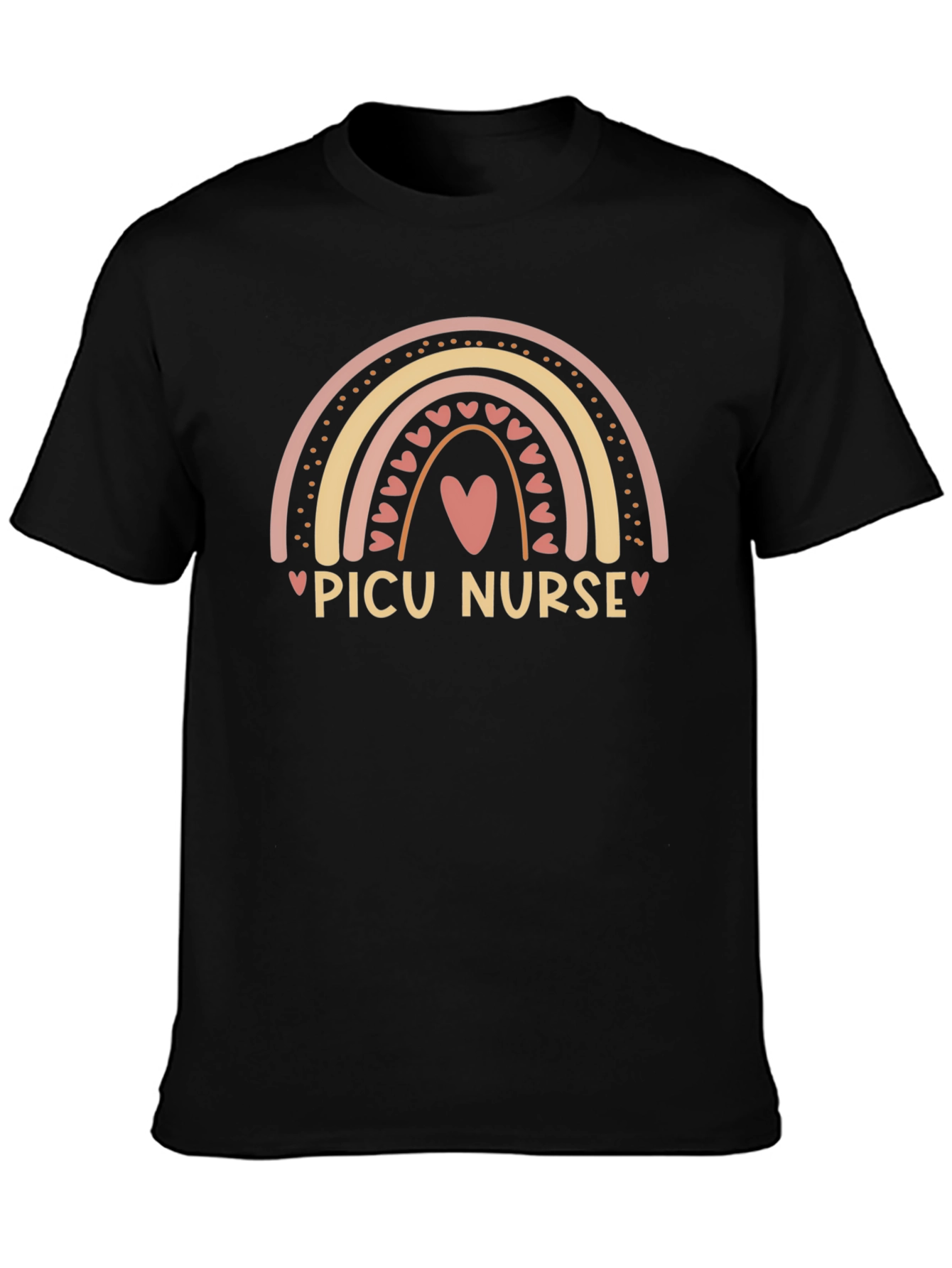 PICU Nurse Rainbow Heart Black Tee