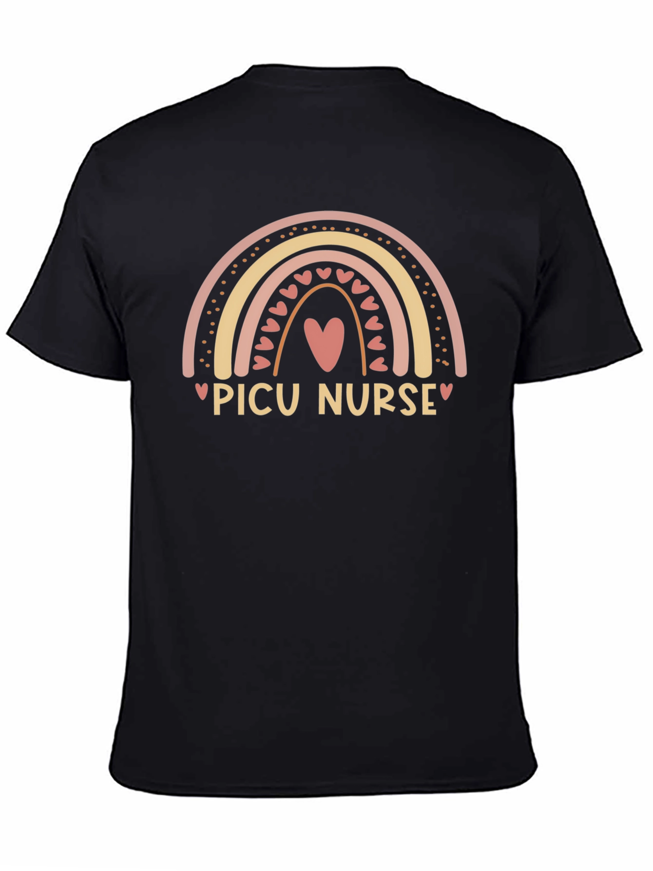 PICU Nurse Rainbow Heart Black Tee