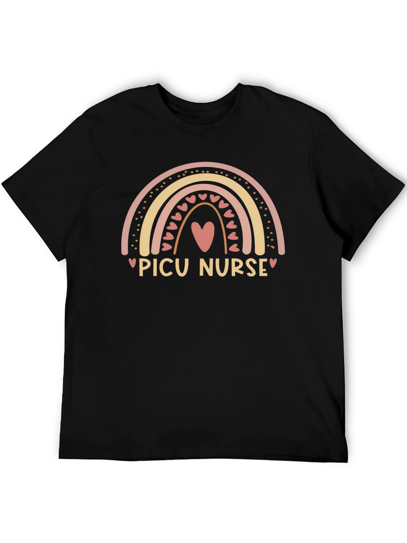 PICU Nurse Rainbow Heart Black Tee