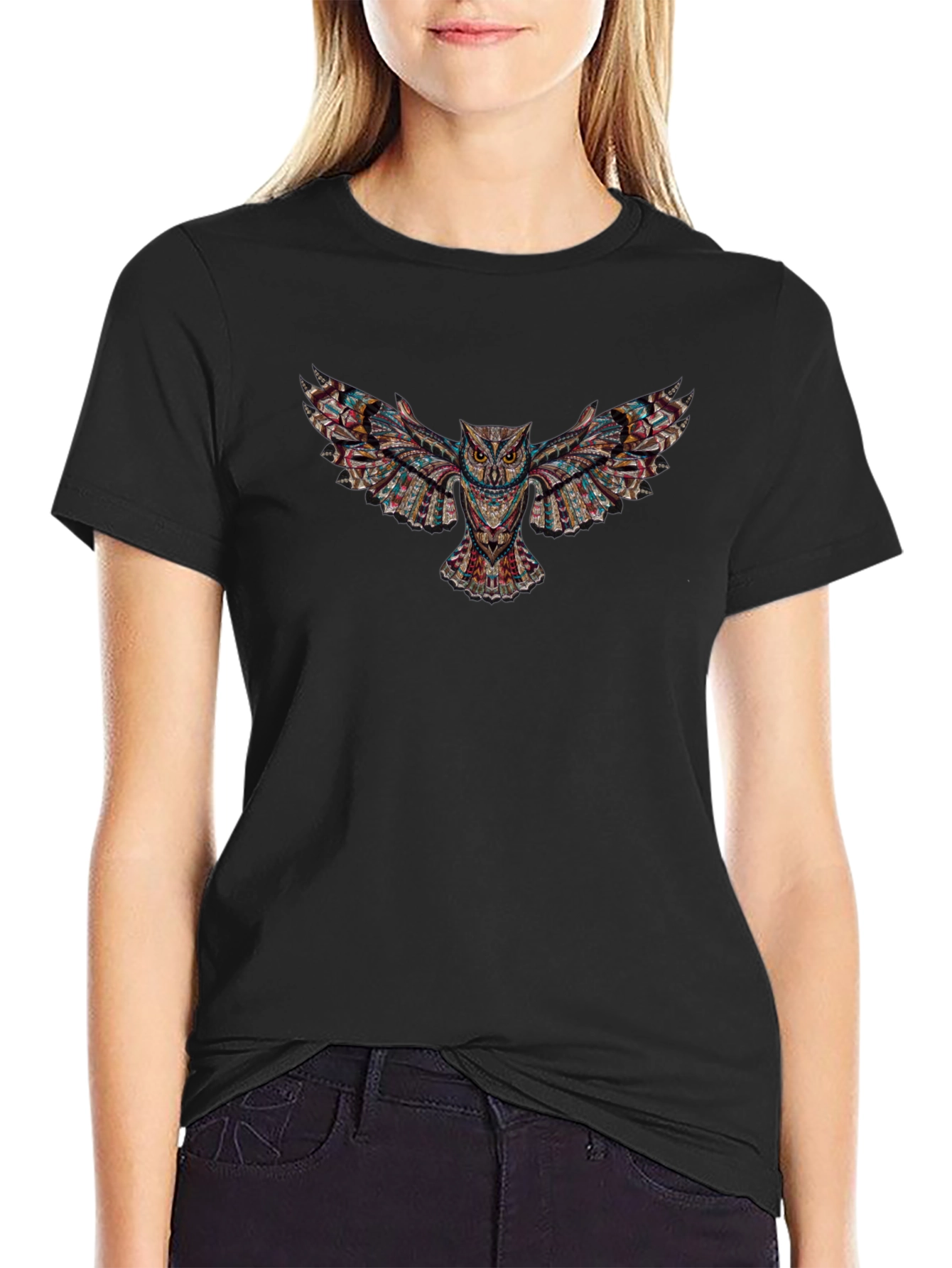 Abstract Owl Graphic Print Black T-Shirt