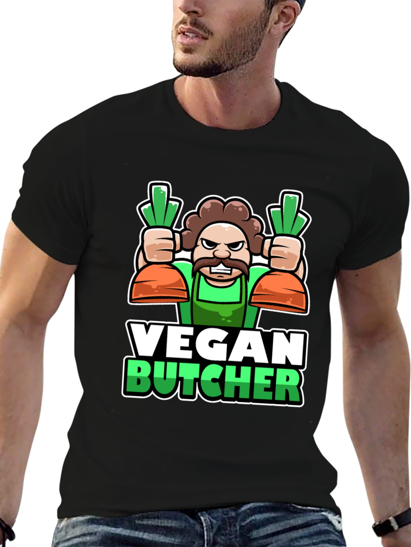 Vegan Butcher T-Shirt: Cartoon Carrot Design