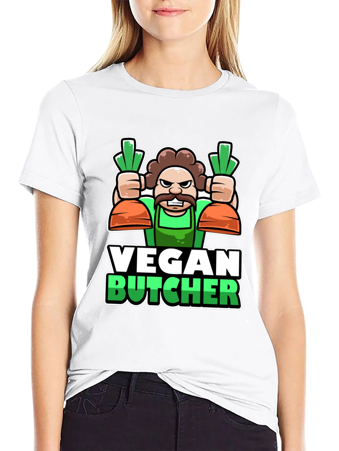Vegan Butcher T-Shirt: Cartoon Carrot Design