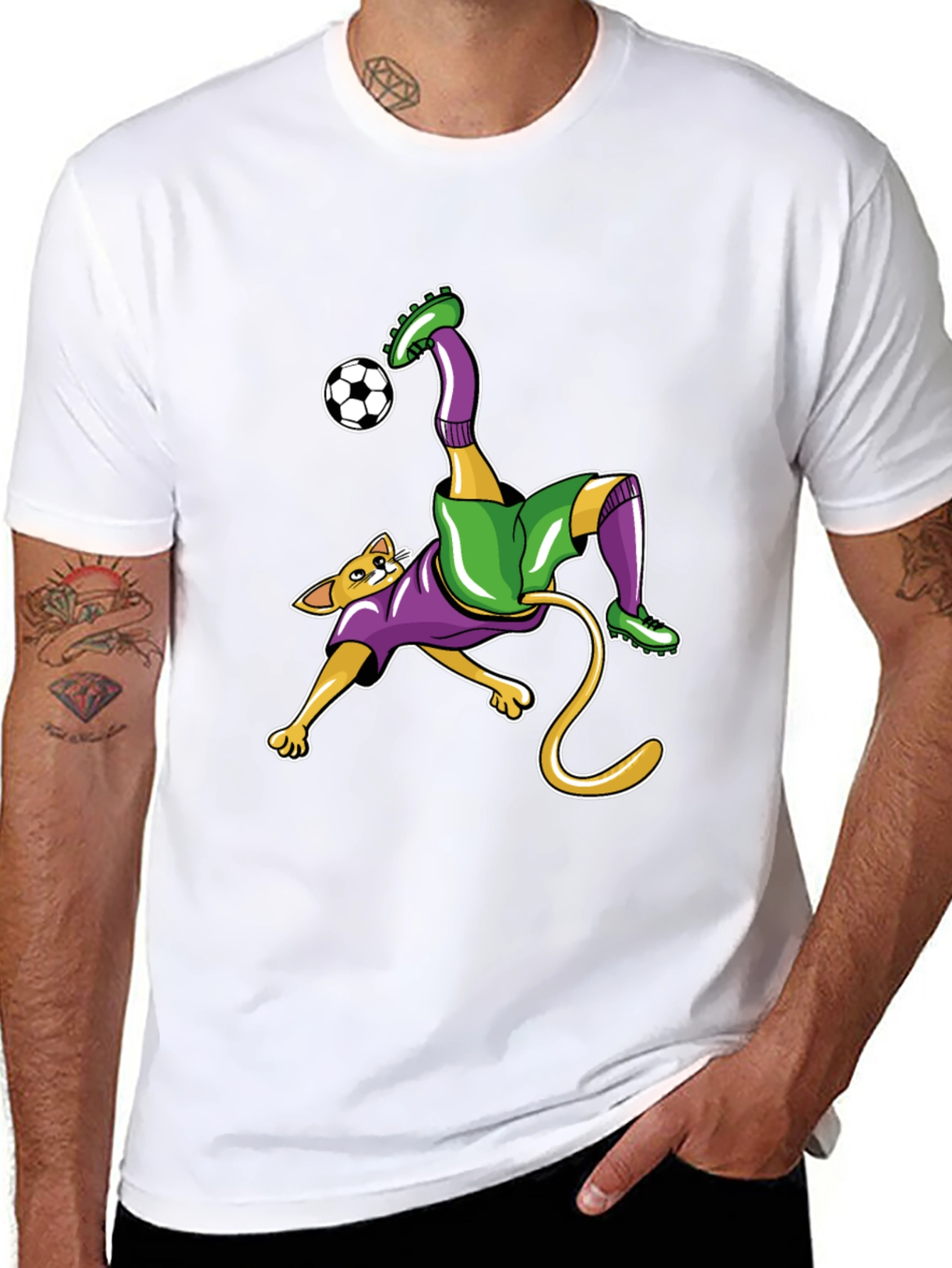 Cat Soccer Player Graphic Tee - Black