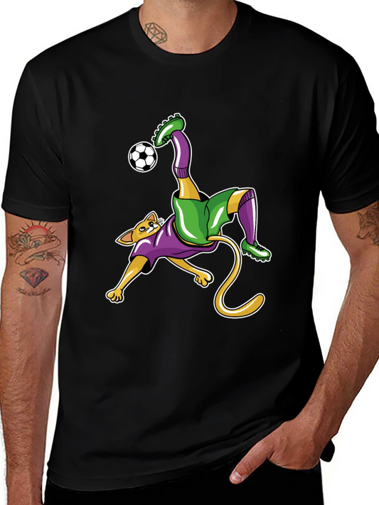 Cat Soccer Player Graphic Tee - Black