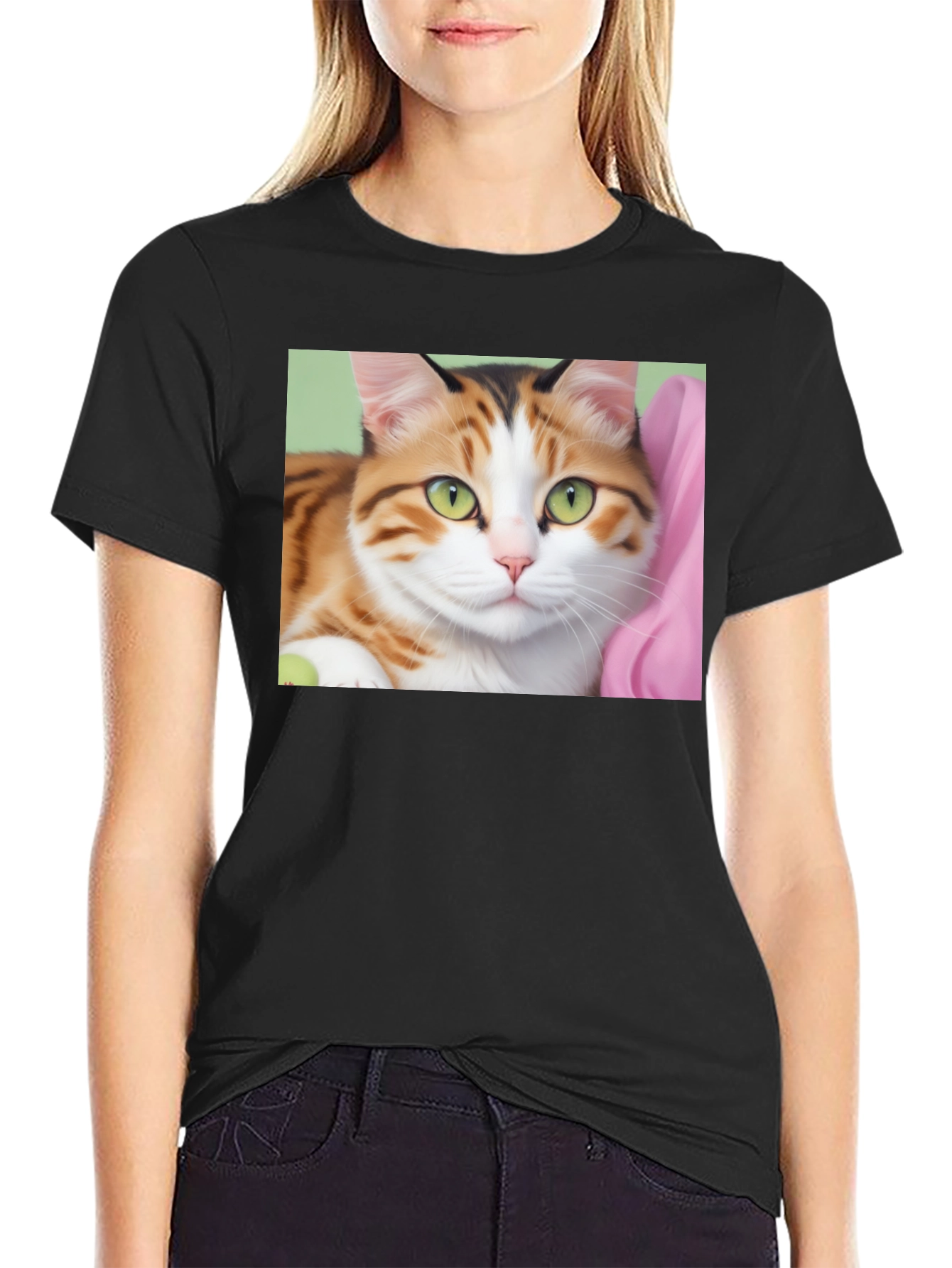 Cat Portrait Graphic Black T-Shirt