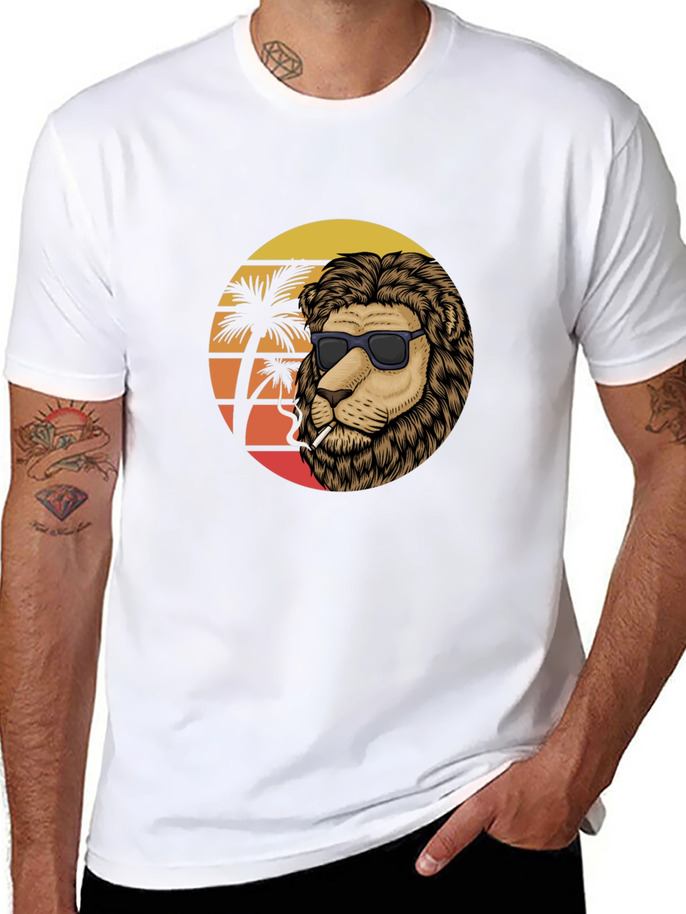Cool Lion Graphic Tee - Smoking Under Palm Trees