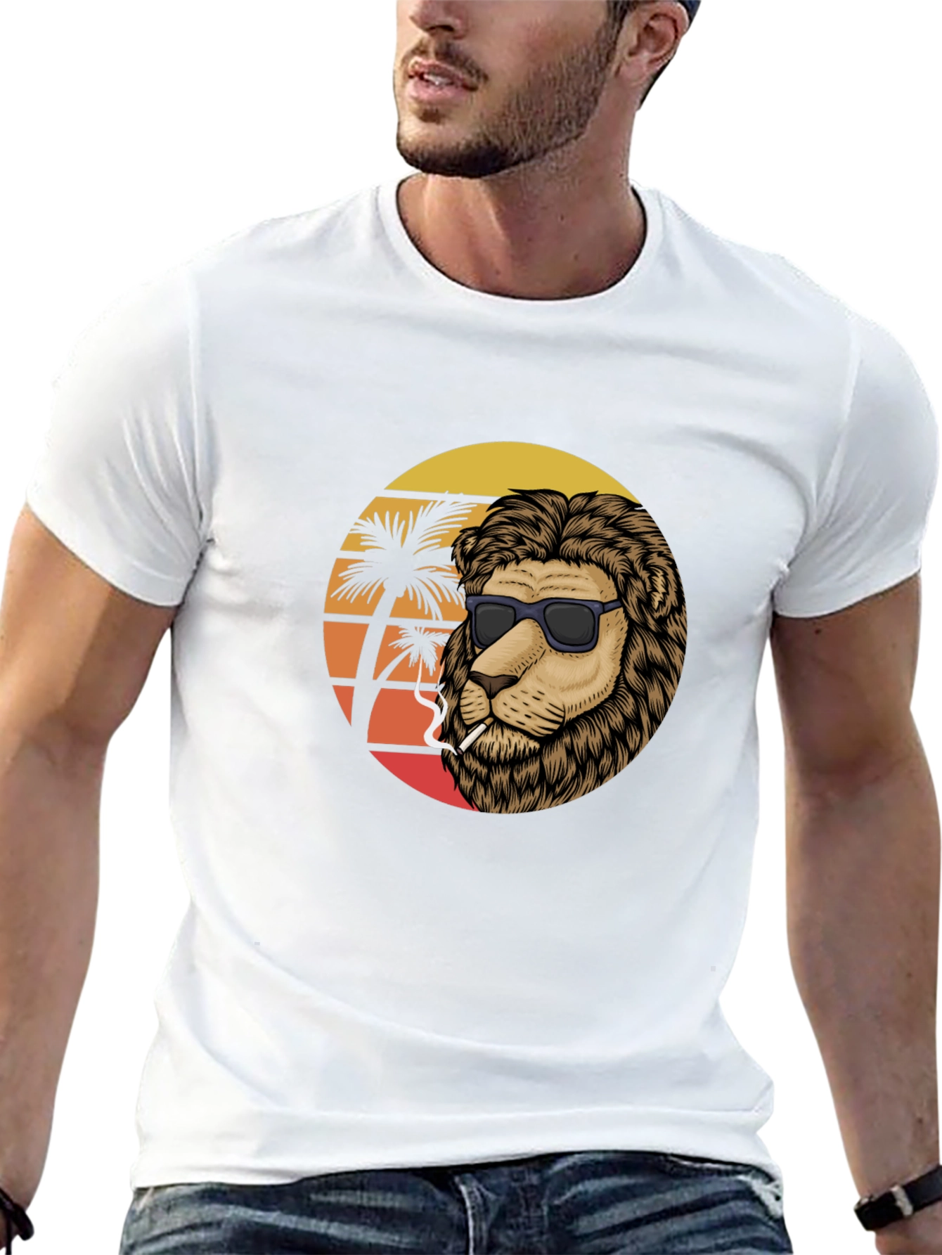Cool Lion Graphic Tee - Smoking Under Palm Trees