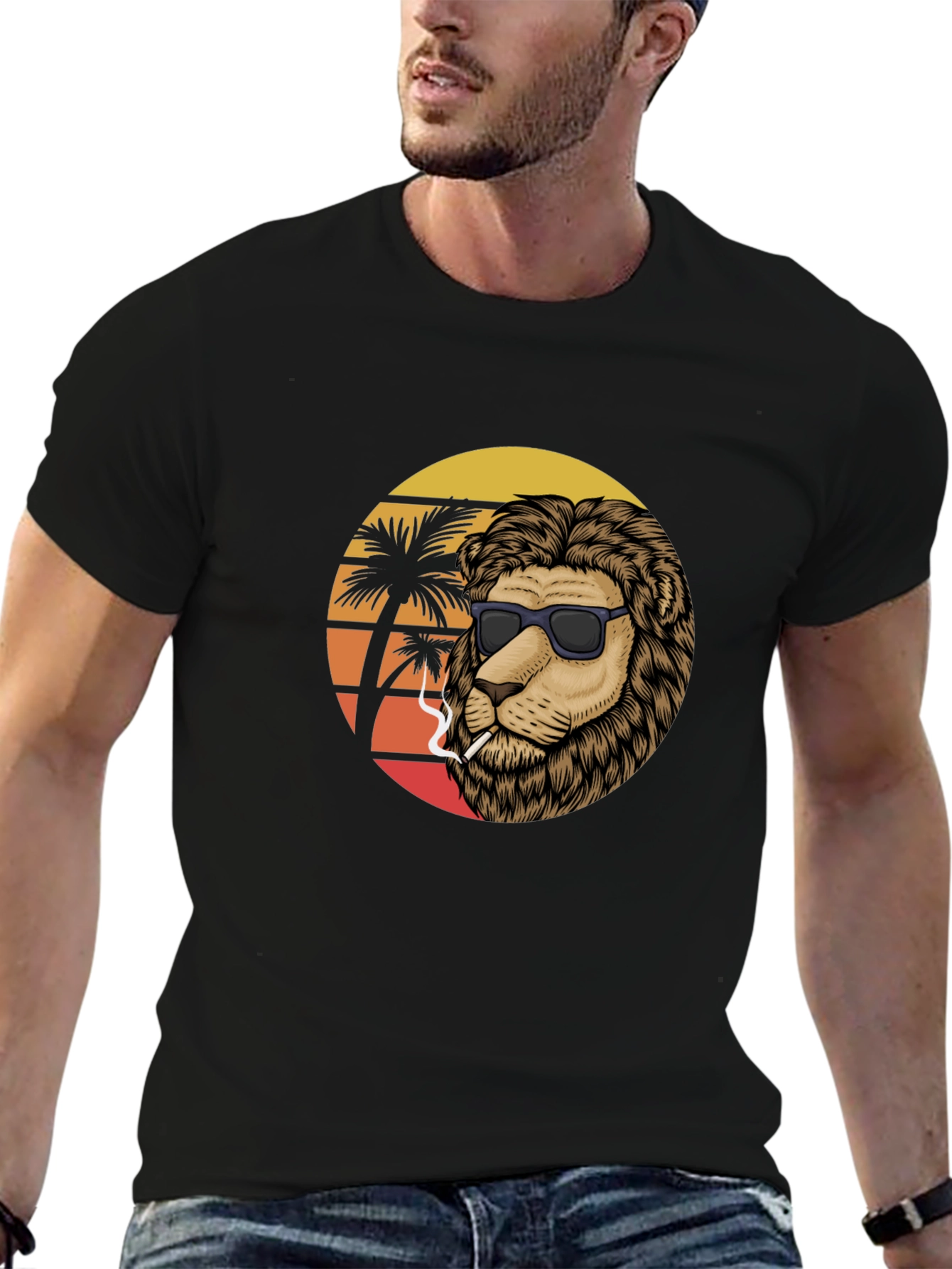 Cool Lion Graphic Tee - Smoking Under Palm Trees