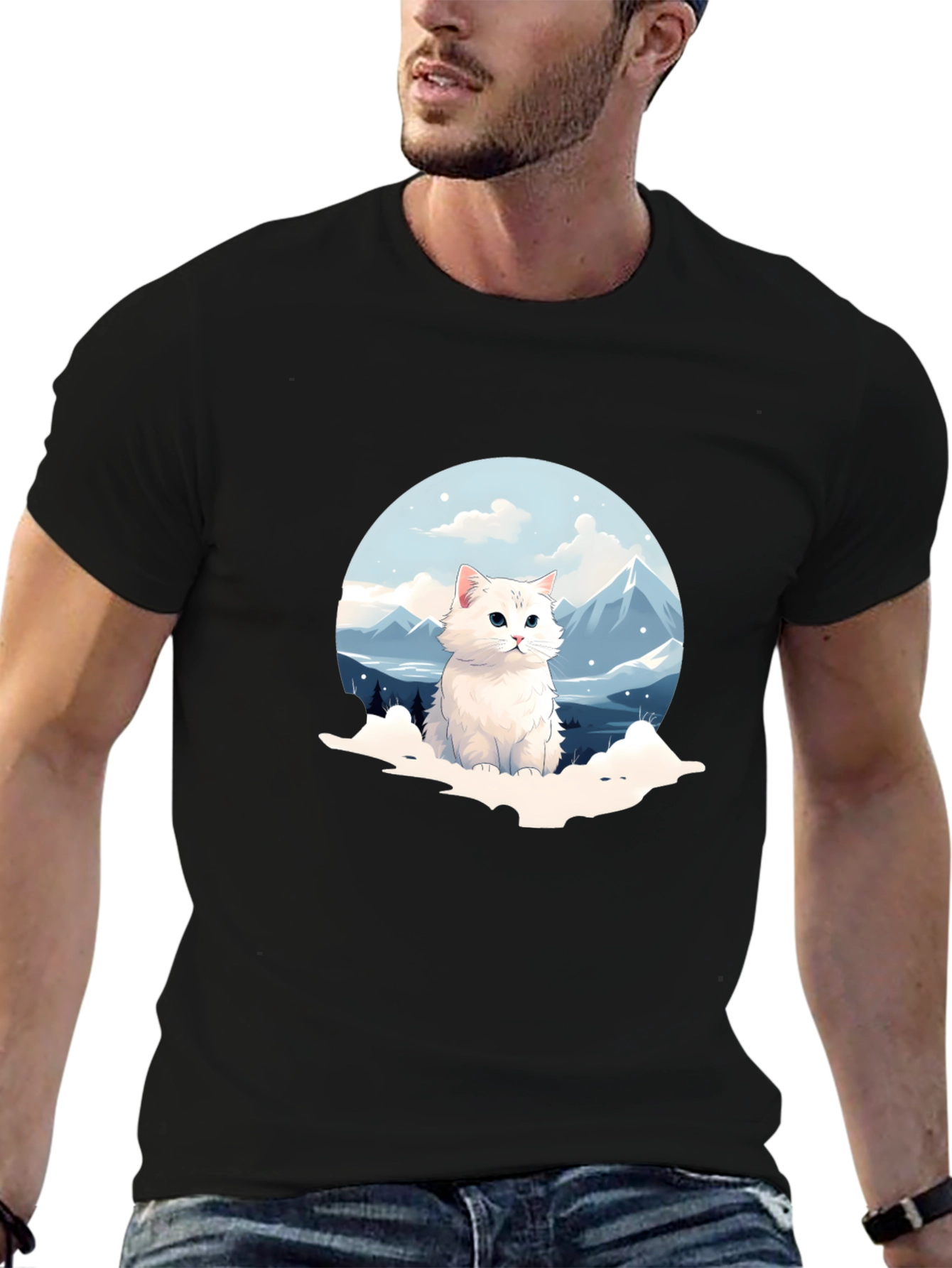 Cute Cat Mountain Scene Graphic Tee