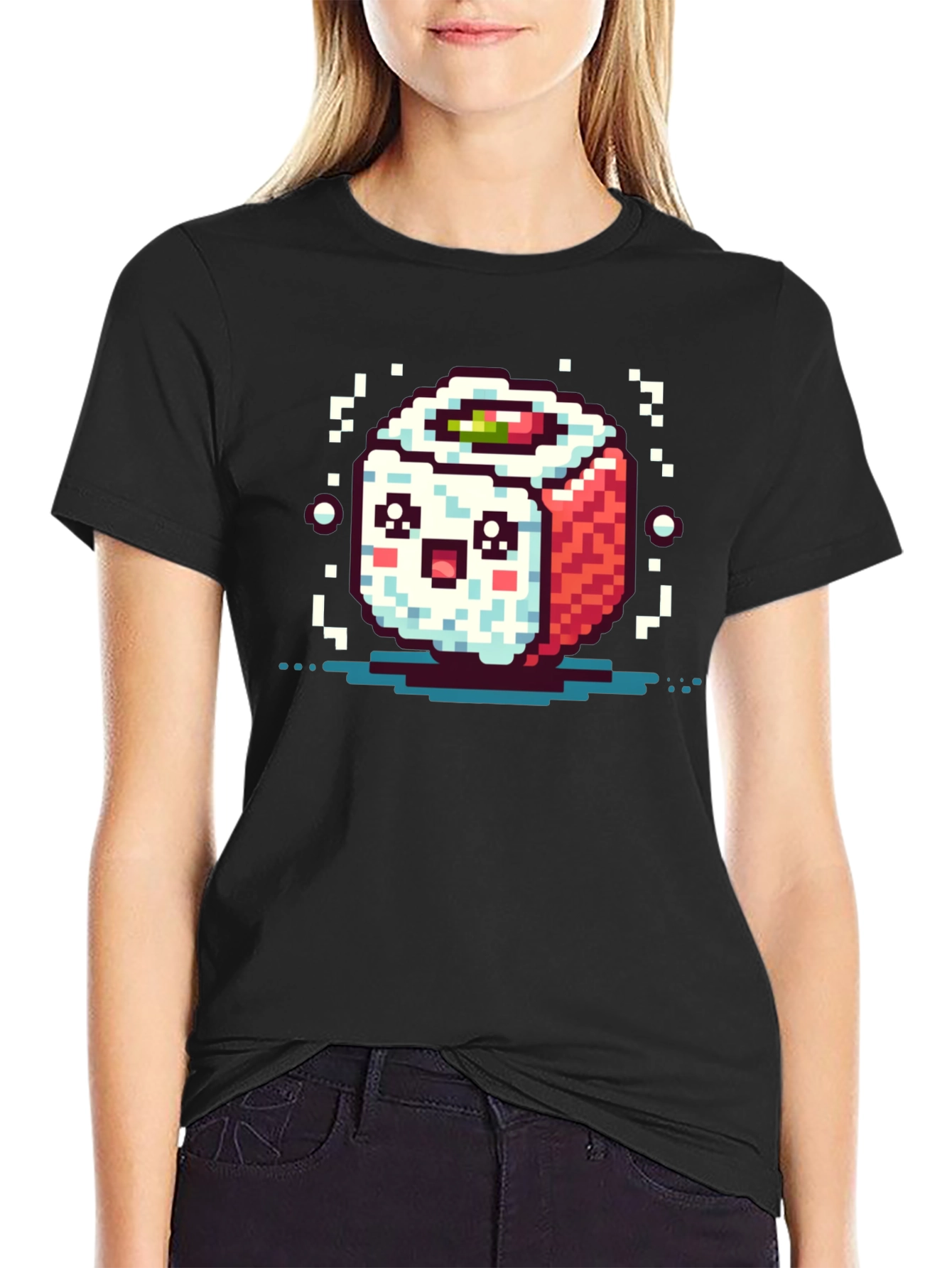 Pixel Art Sushi Roll Black T-Shirt