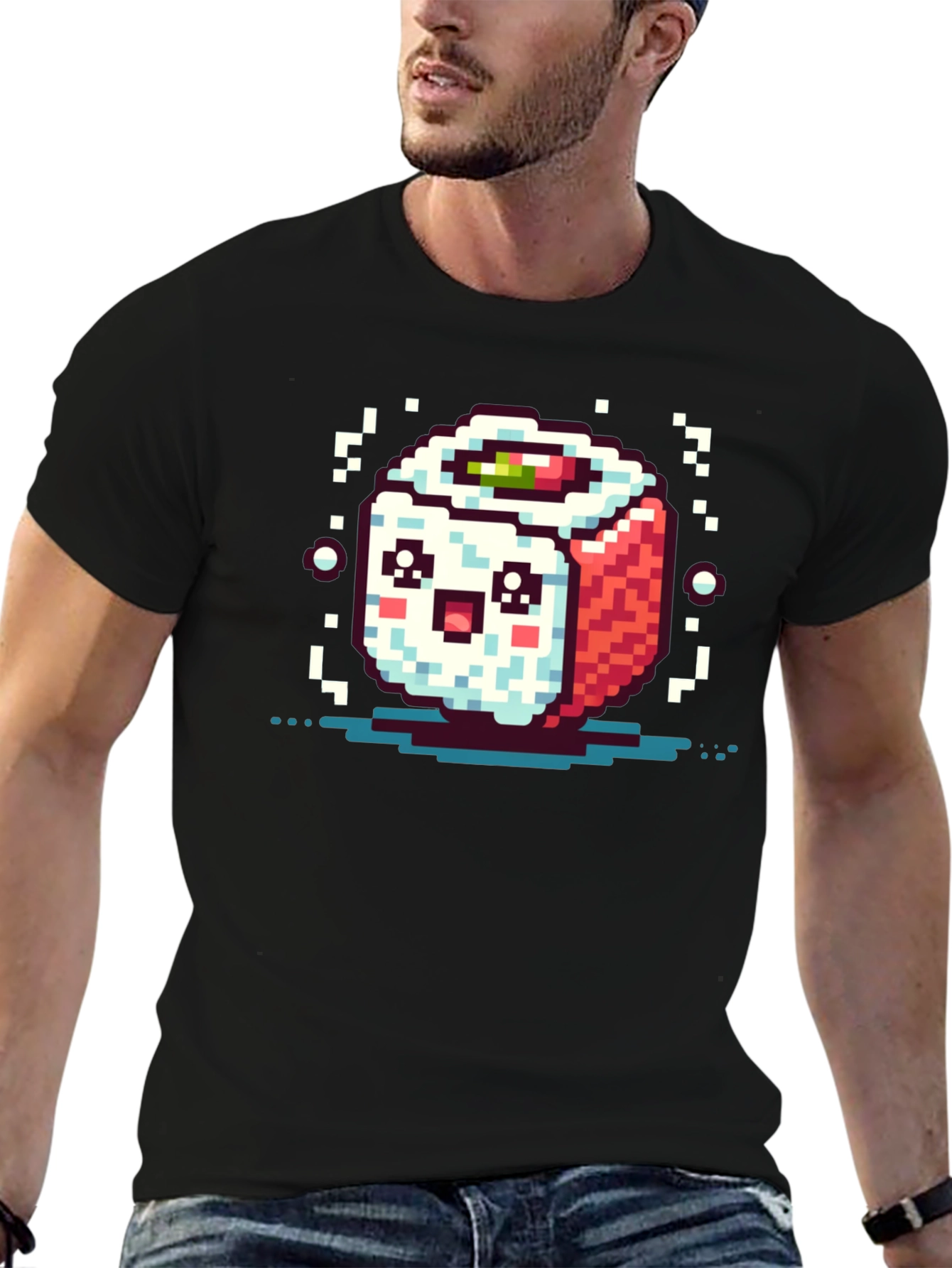 Pixel Art Sushi Roll Black T-Shirt