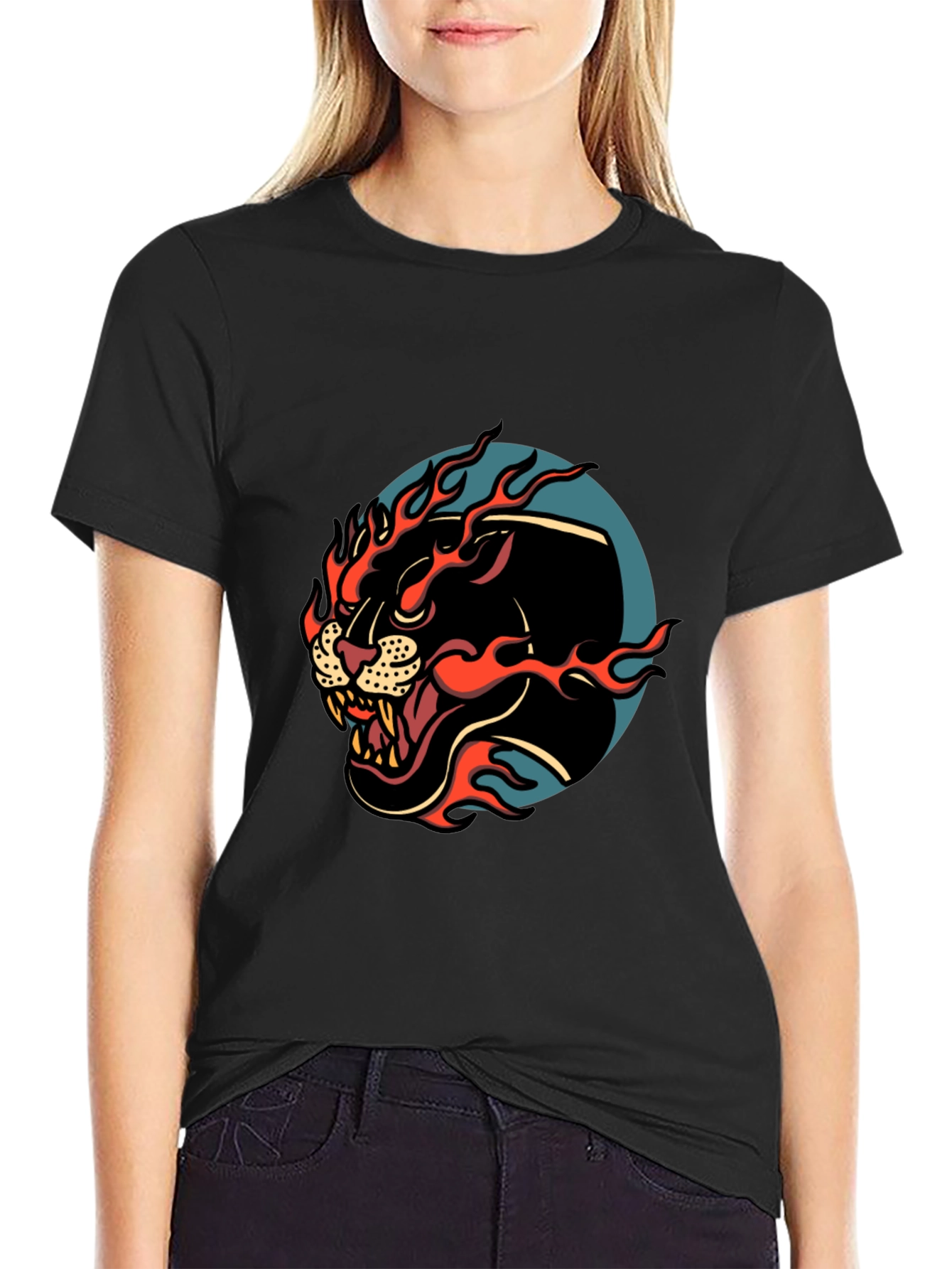 Mens Black Graphic Tee - Fiery Panther Design