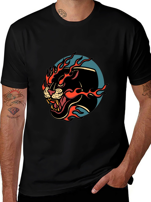 Mens Black Graphic Tee - Fiery Panther Design