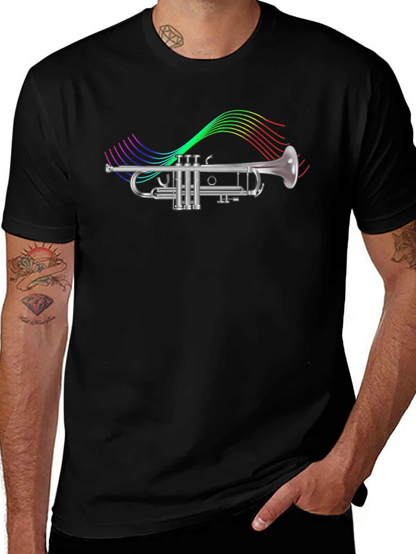 Trumpet T-Shirt - Rainbow Music Notes Graphic Tee