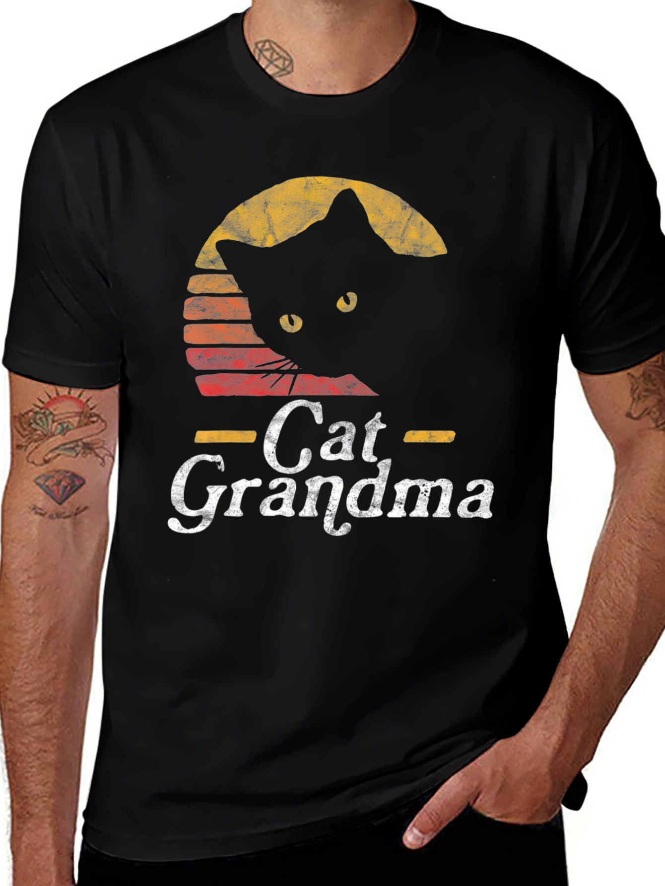Cat Grandma Retro Style Black T-Shirt