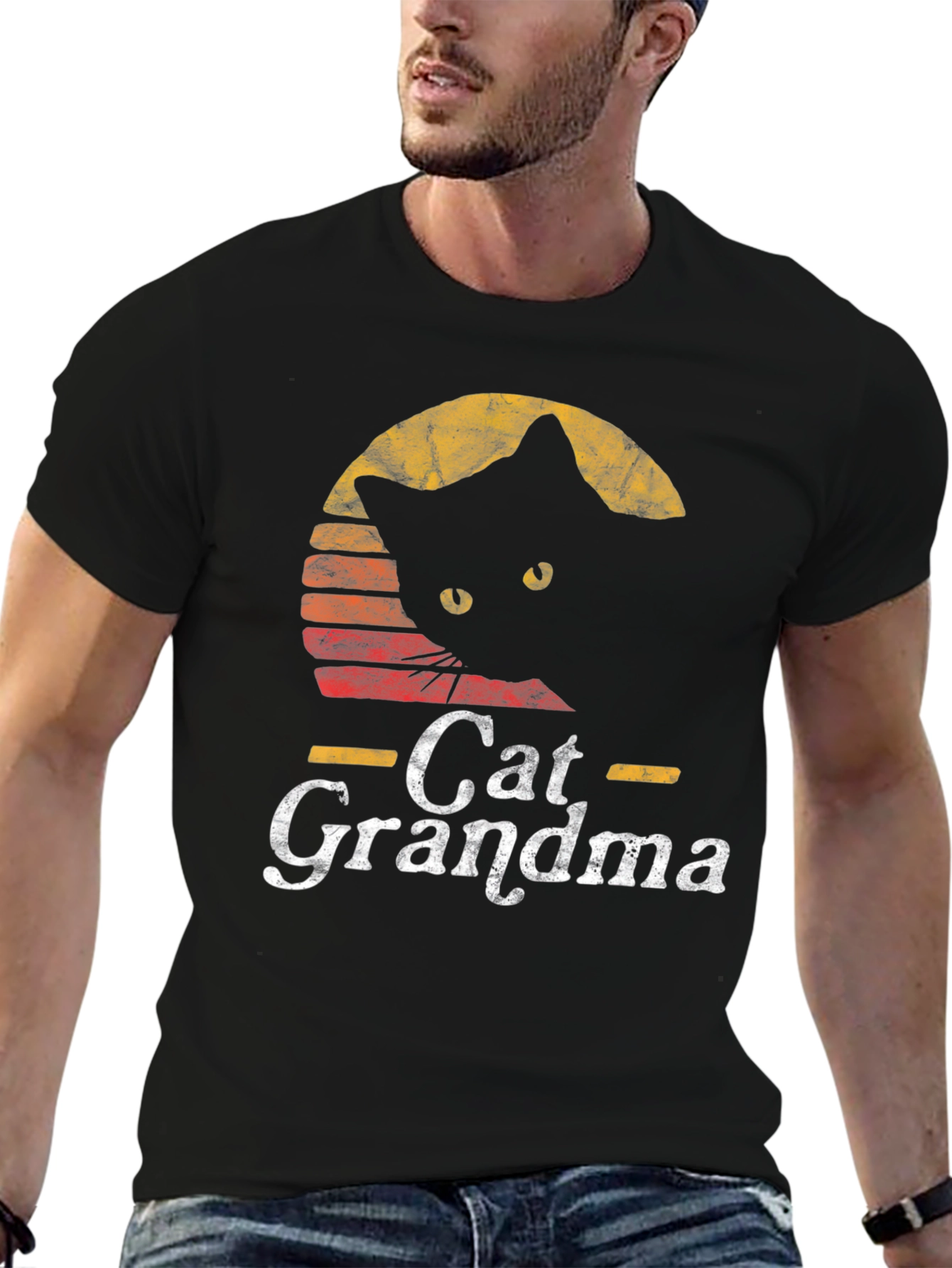 Cat Grandma Retro Style Black T-Shirt
