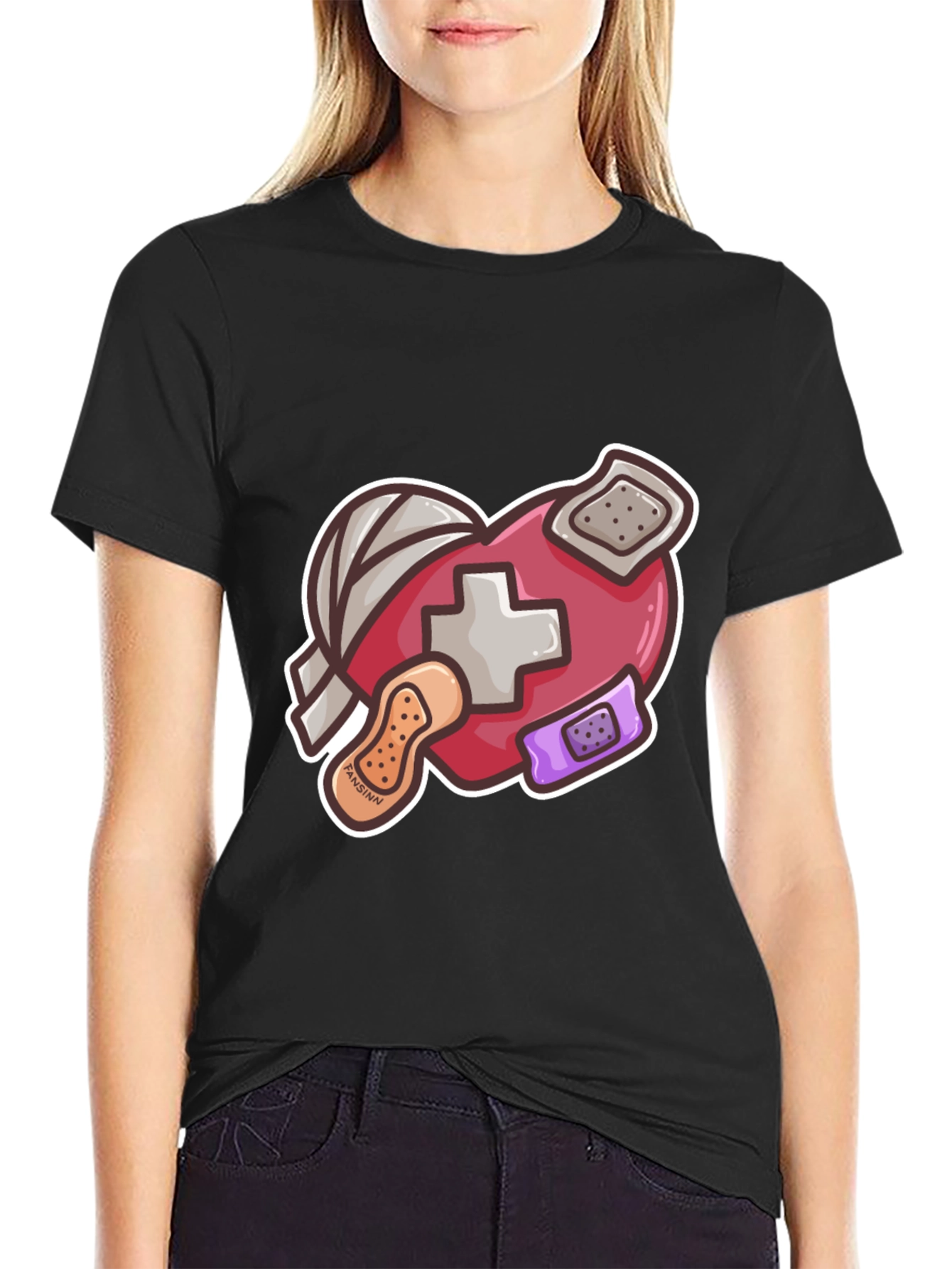 Heart with Bandages Graphic Tee - Black