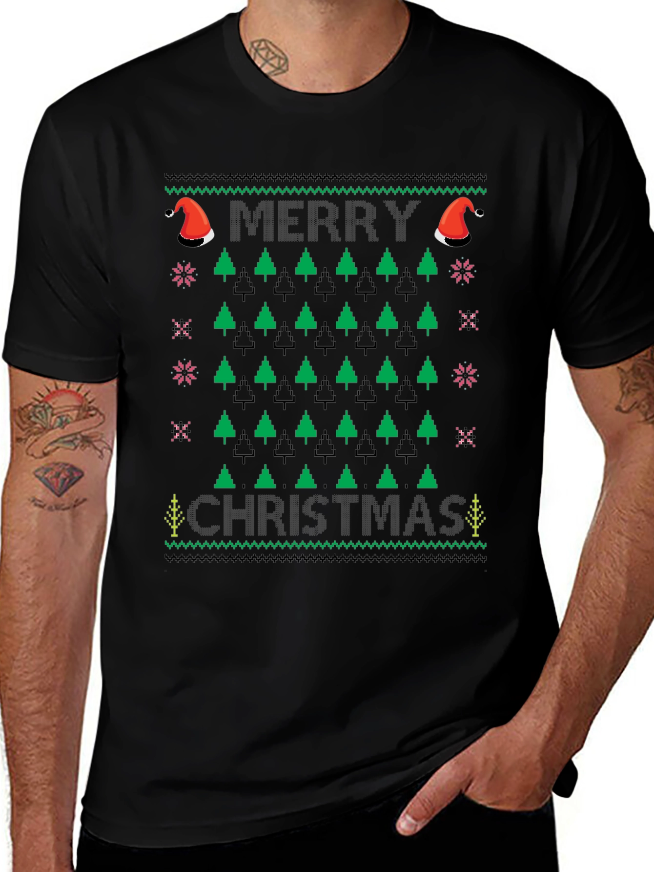 Ugly Christmas Sweater T-Shirt - Merry Christmas Tree Design