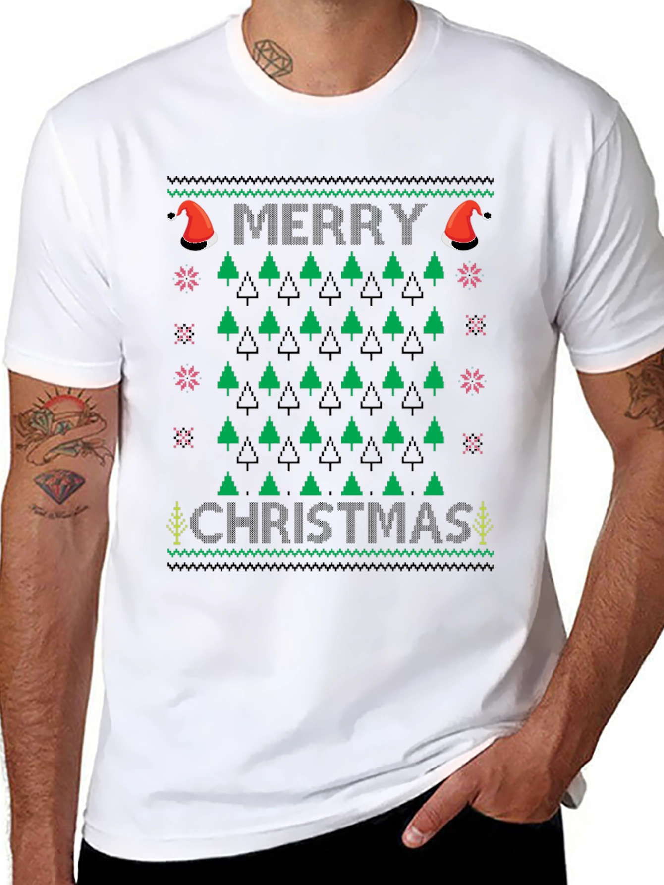 Ugly Christmas Sweater T-Shirt - Merry Christmas Tree Design