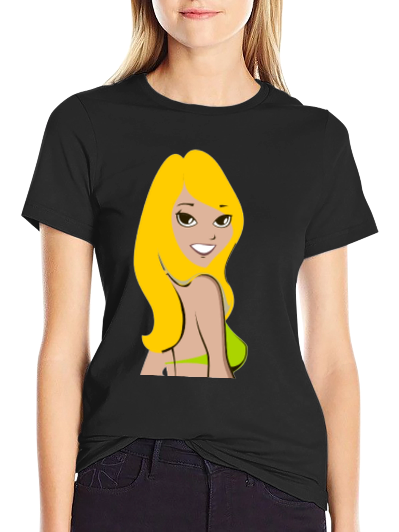 Cartoon Woman Graphic Black T-Shirt