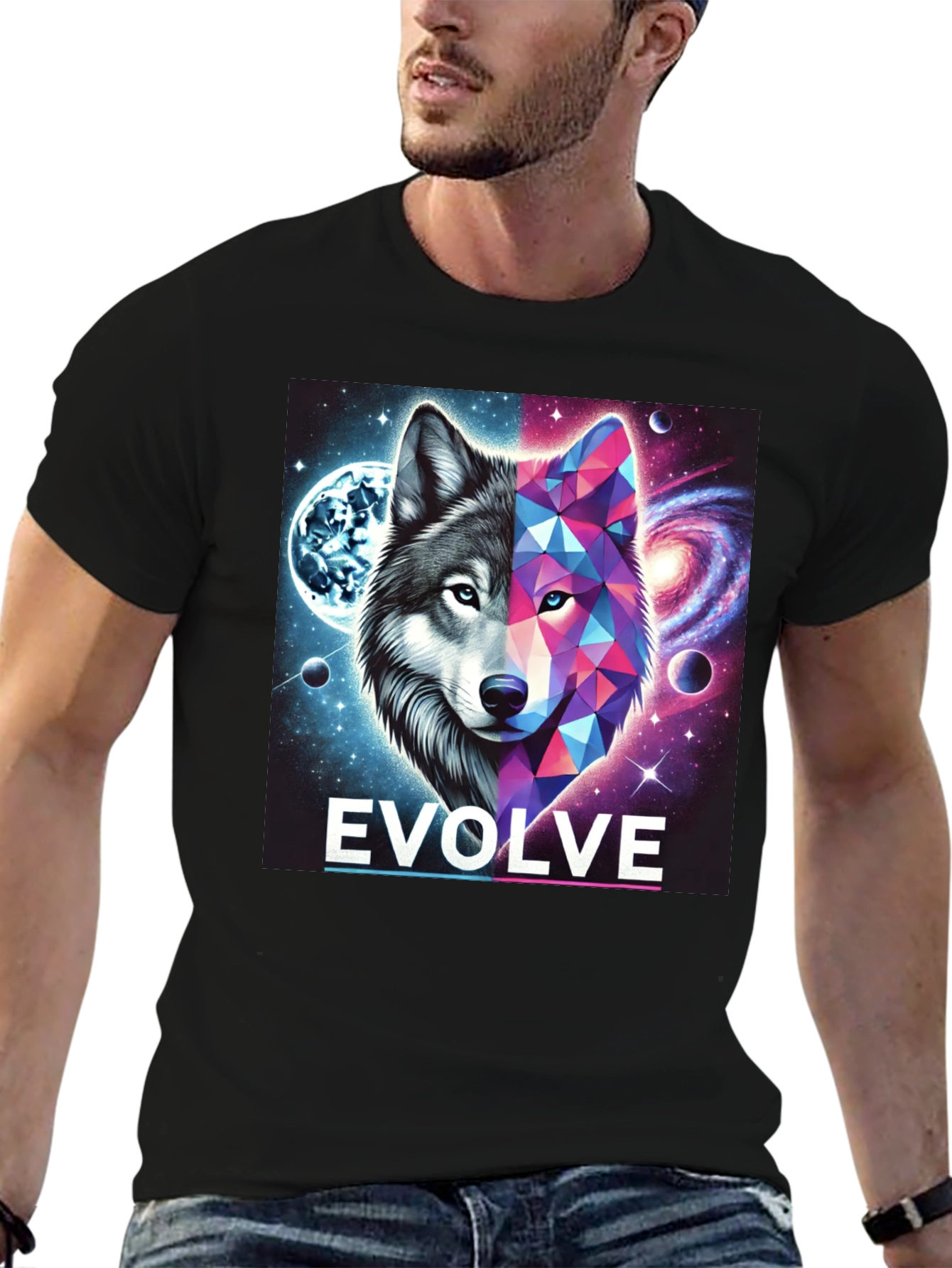 Evolve Wolf Galaxy Graphic Tee - Stylish Unisex T-Shirt