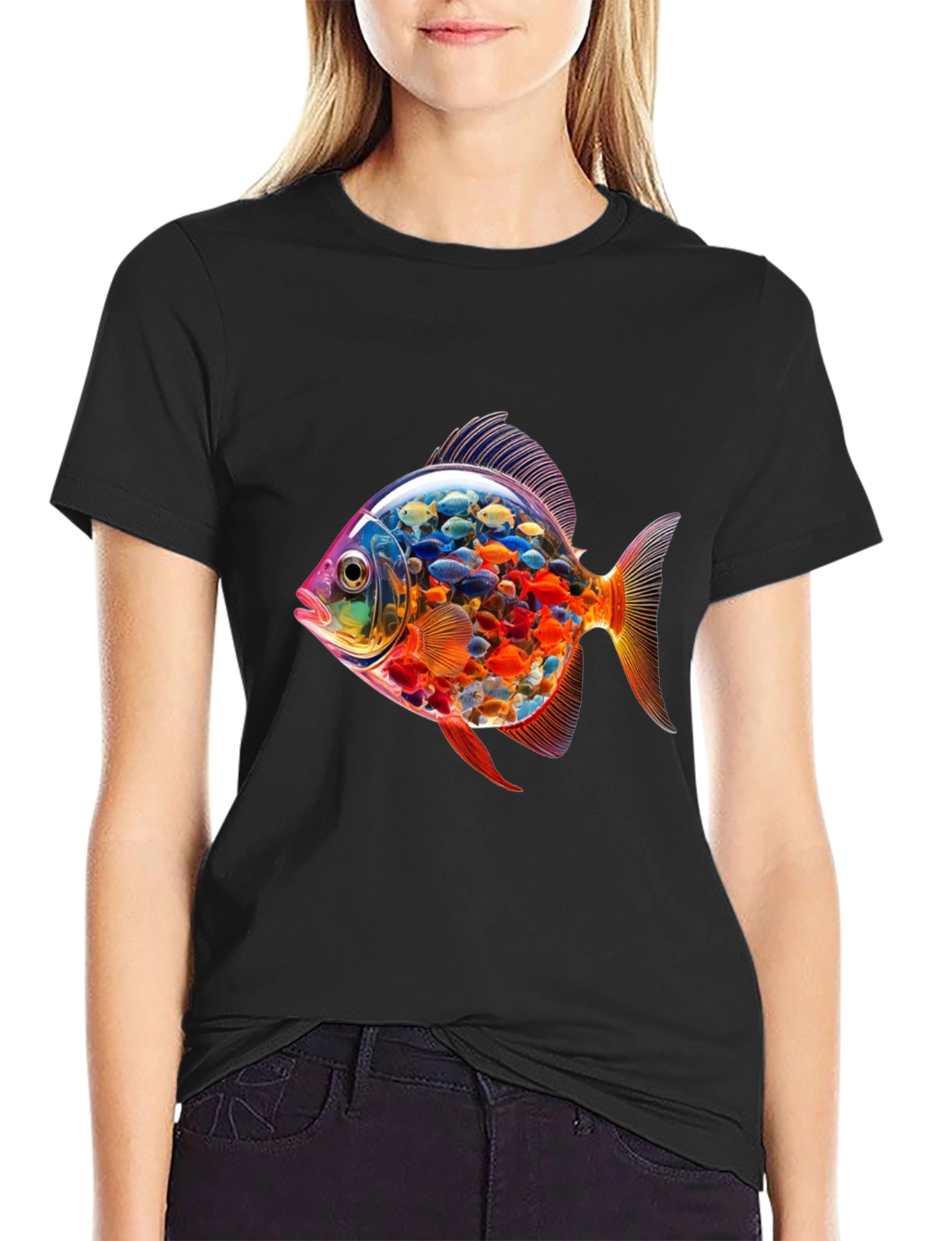 Vibrant Fish Graphic Black T-Shirt