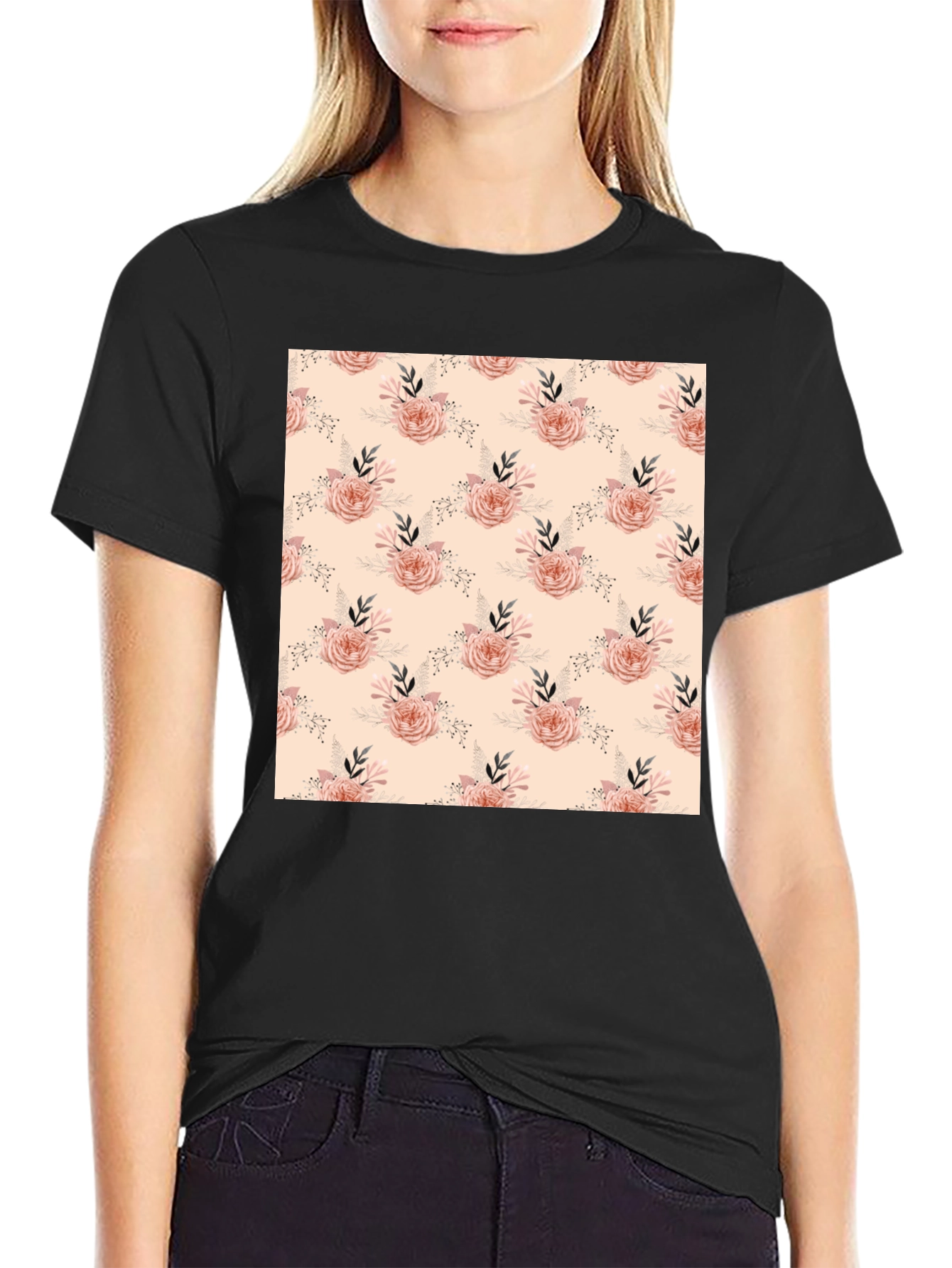 Floral Pattern Black T-Shirt