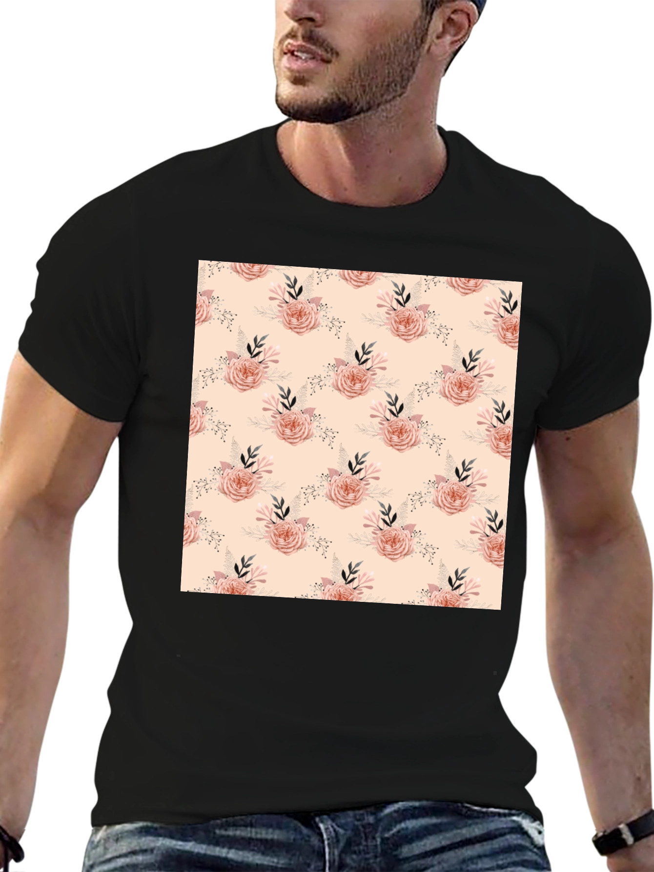 Floral Pattern Black T-Shirt