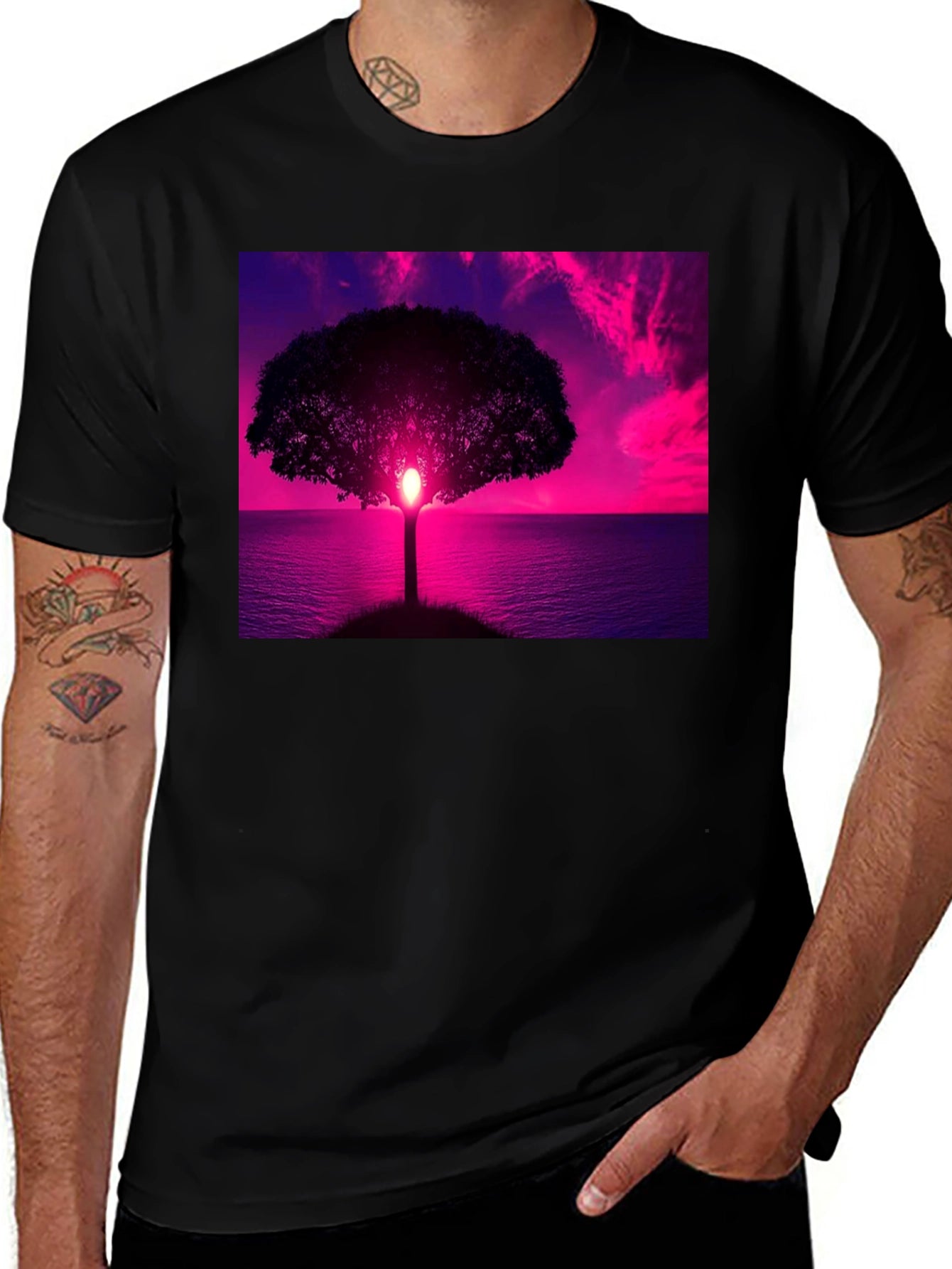 Sunset Tree Graphic Tee - Black Cotton Comfort