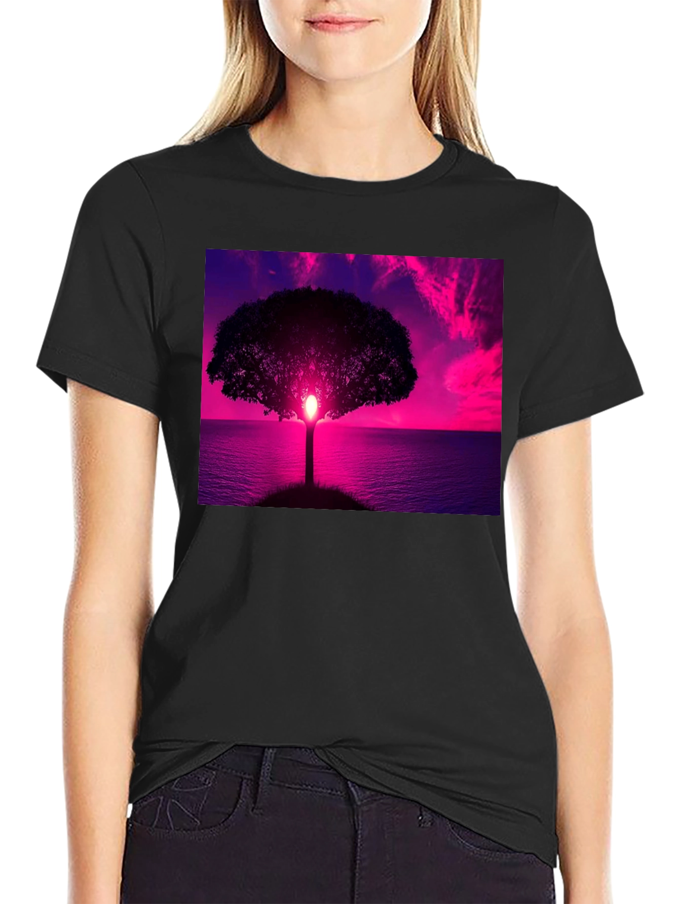 Sunset Tree Graphic Tee - Black Cotton Comfort