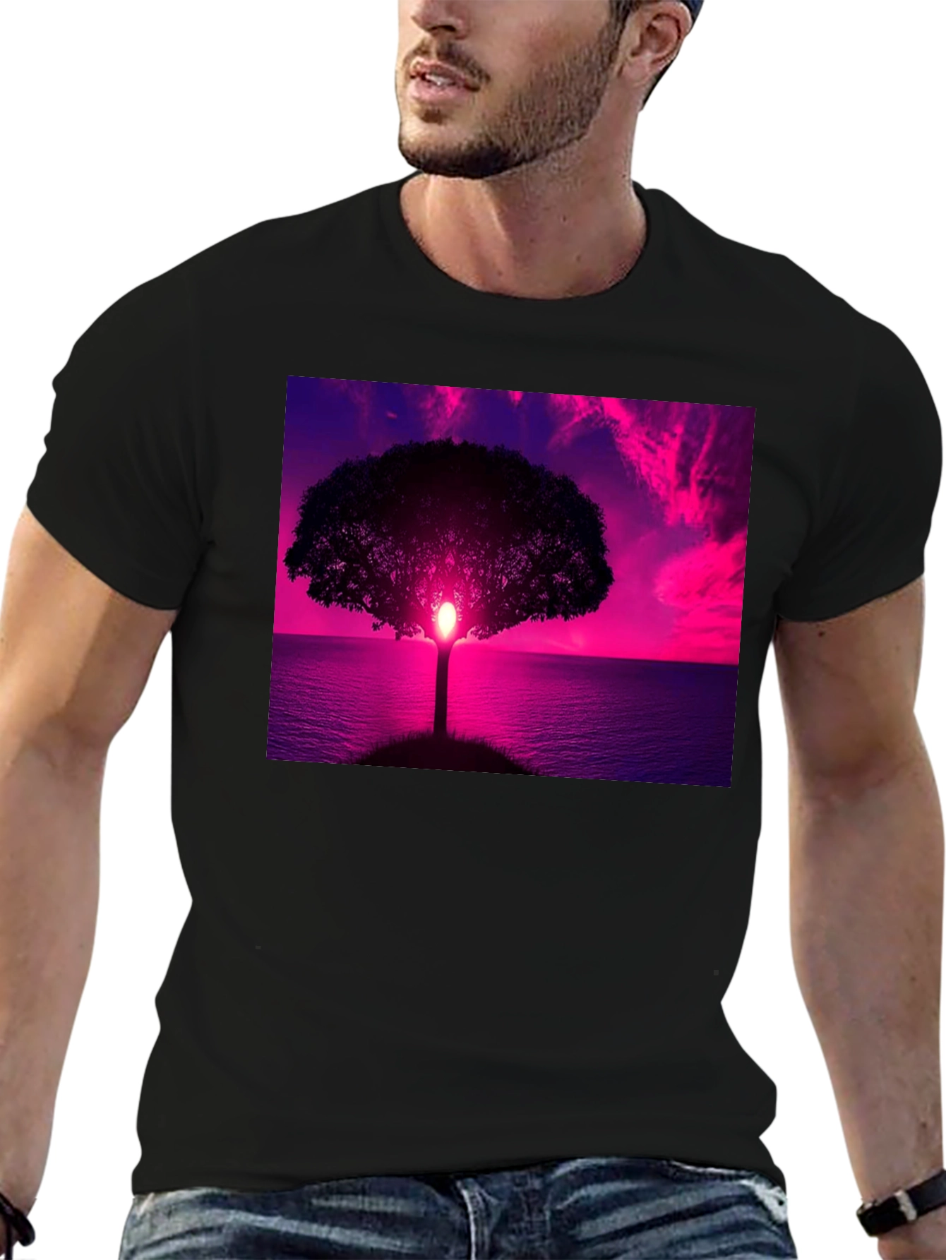 Sunset Tree Graphic Tee - Black Cotton Comfort